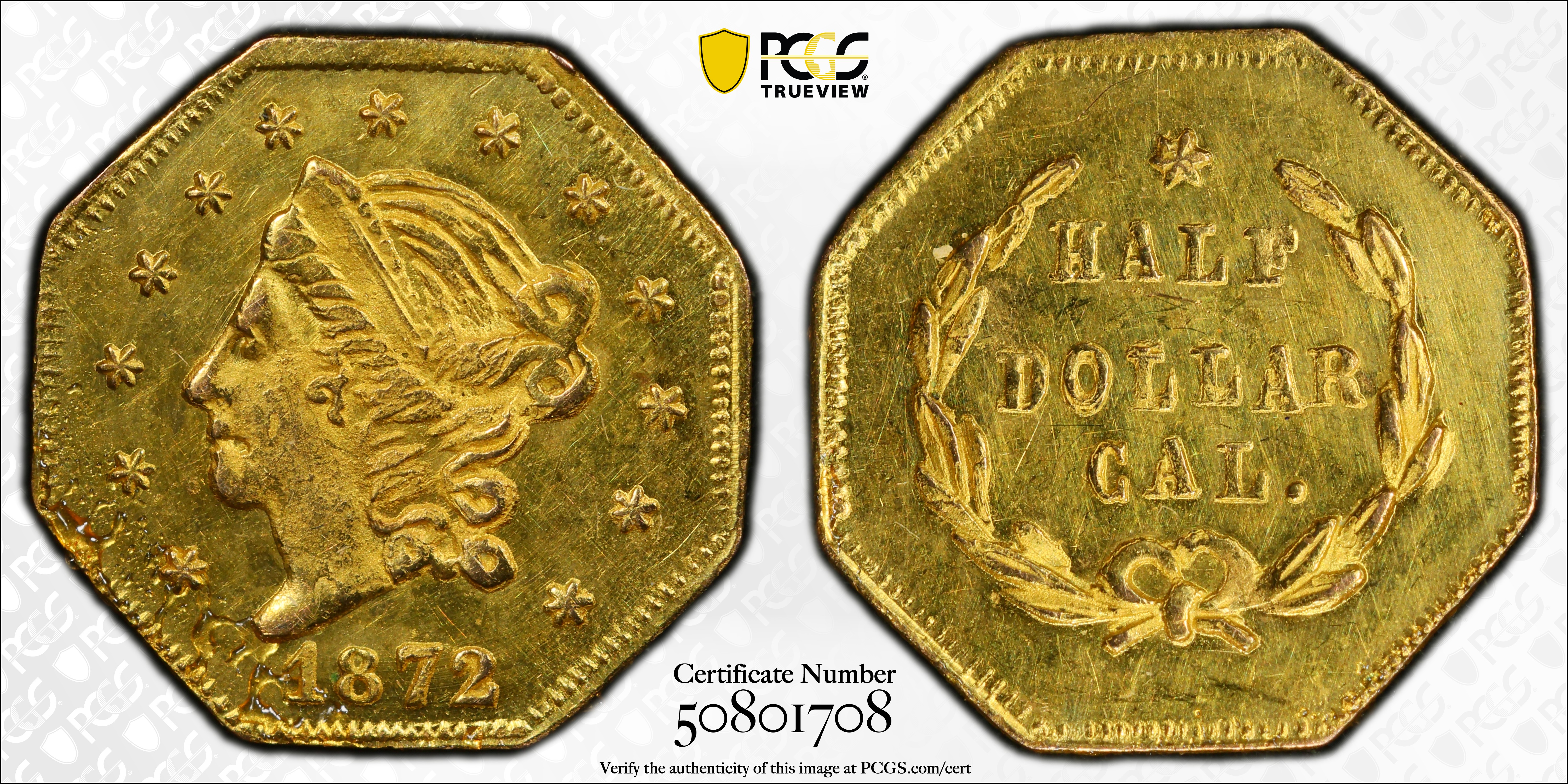 image for: 1872 Octagonal 50 Cents. BG-913. Rarity-4. Liberty Head. Unc Details--Residue (PCGS).
