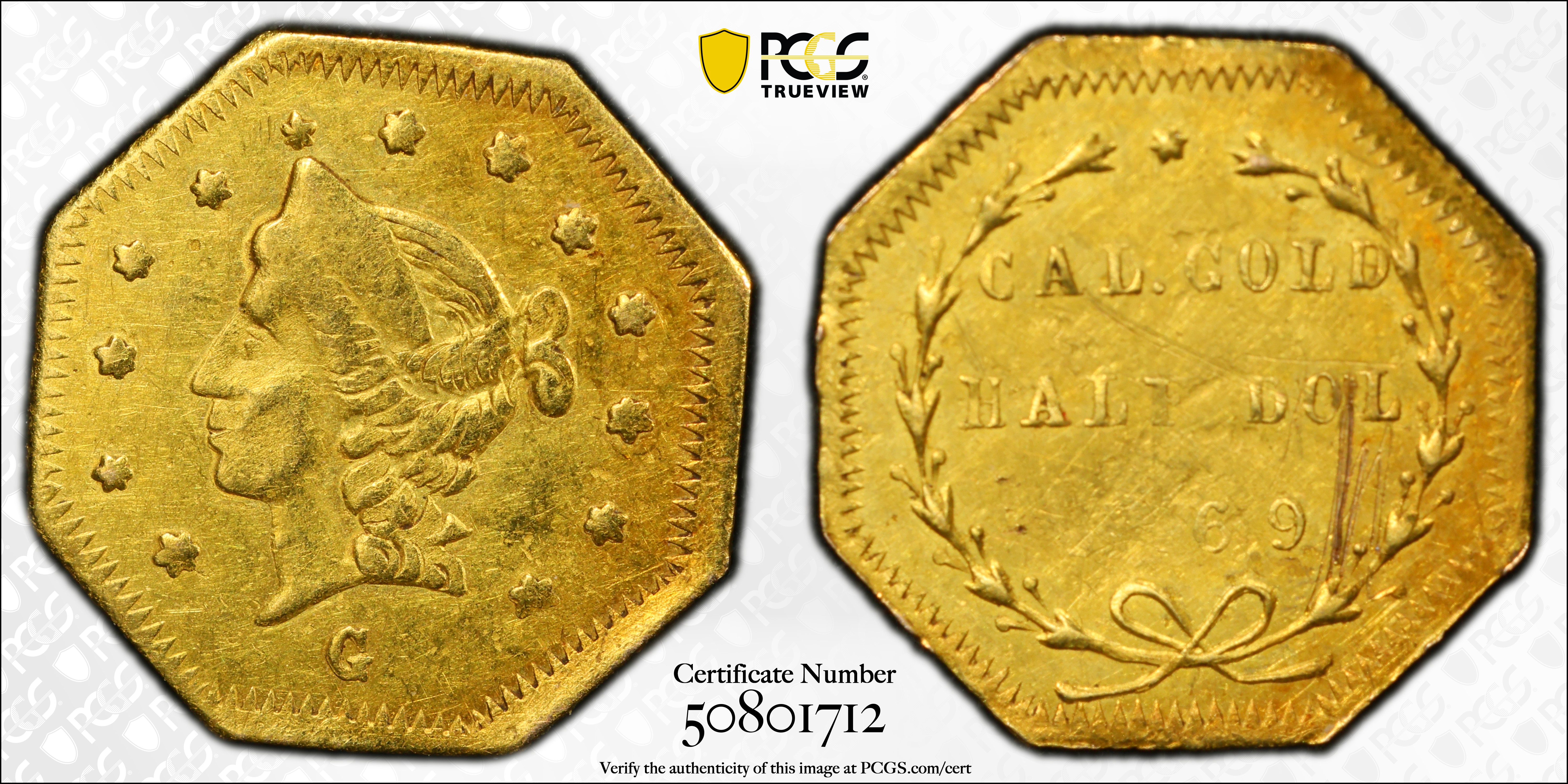 image for: 1869 Octagonal 50 Cents. BG-919. Rarity-4. Liberty Head. AU Details--Scratch (PCGS).
