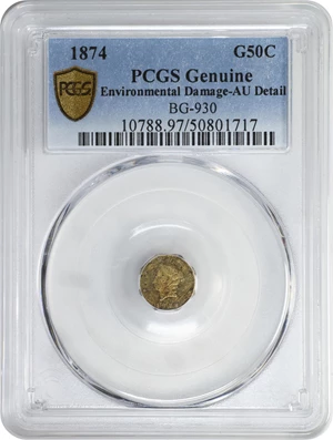 image for: 1874 Octagonal 50 Cents. BG-930. Rarity-5. Liberty Head. AU Details--Environmental Damage (PCGS).