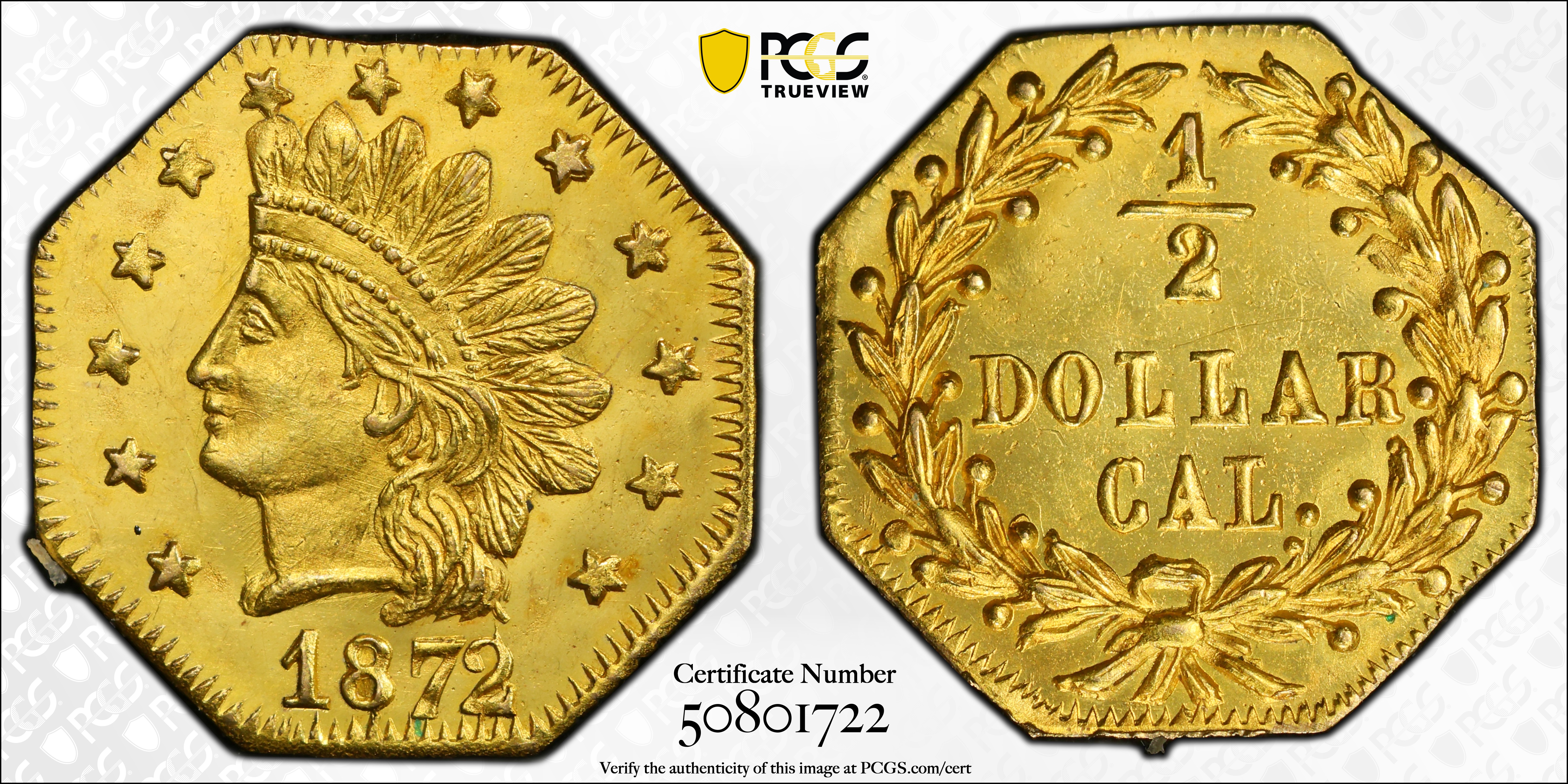 image for: 1872/1 Octagonal 50 Cents. BG-937. Rarity-4+. Liberty Head. MS-64 PL (PCGS).