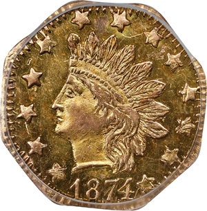 image for: 1874/3 Octagonal 50 Cents. BG-943. Rarity-4+. Indian Head. MS-62 (PCGS).