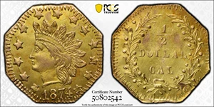 image for: 1874/3 Octagonal 50 Cents. BG-943. Rarity-4+. Indian Head. MS-62 (PCGS).
