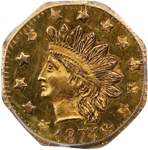image for: 1874/3 Octagonal 50 Cents. BG-943. Rarity-4+. Indian Head. Unc Details--Bent (PCGS).