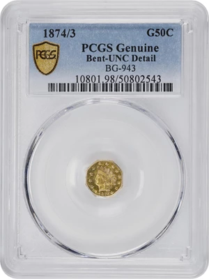 image for: 1874/3 Octagonal 50 Cents. BG-943. Rarity-4+. Indian Head. Unc Details--Bent (PCGS).
