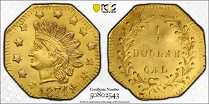 image for: 1874/3 Octagonal 50 Cents. BG-943. Rarity-4+. Indian Head. Unc Details--Bent (PCGS).