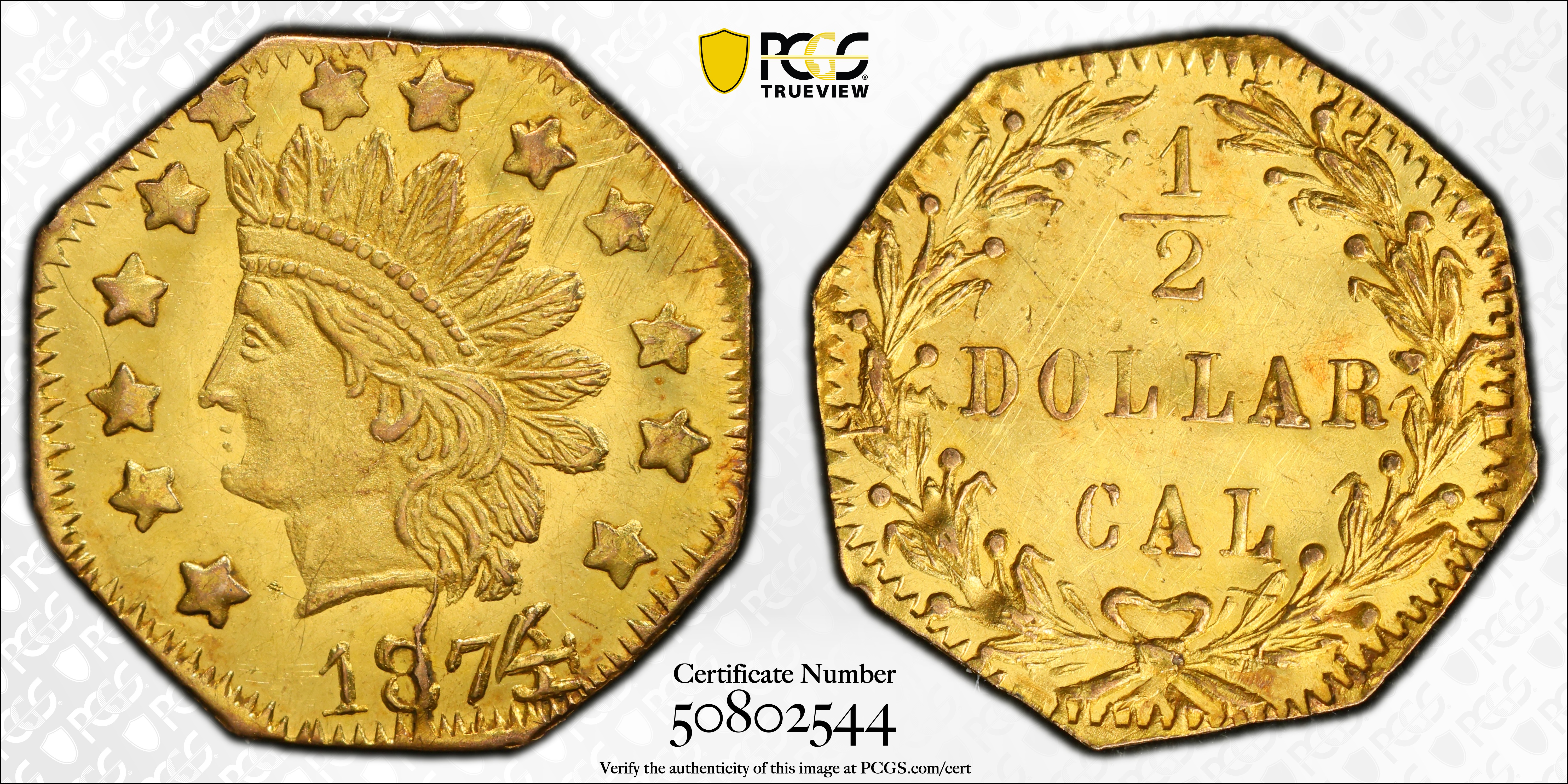image for: 1874/3 Octagonal 50 Cents. BG-945. Rarity-4+. Indian Head. MS-62 (PCGS).