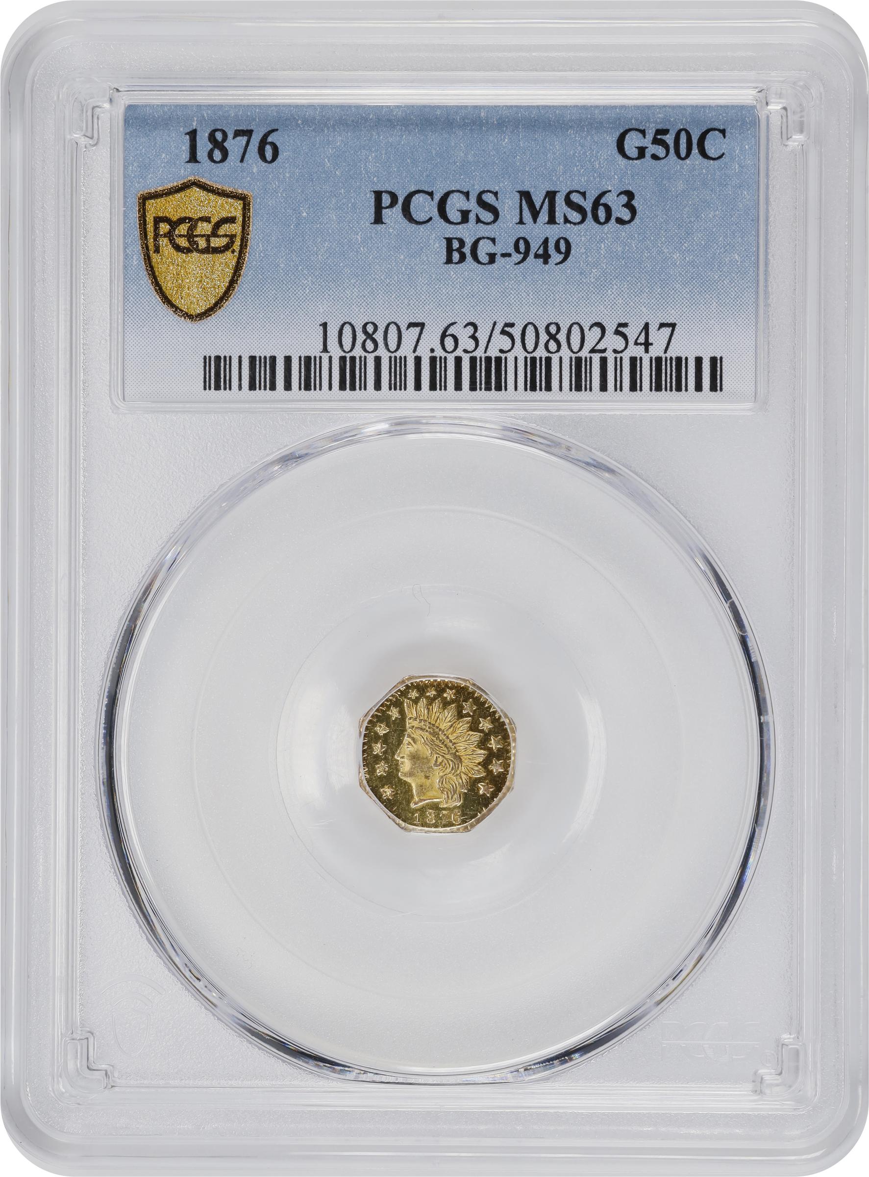 image for: 1876 Octagonal 50 Cents. BG-949. Rarity-4. Indian Head. Small Date. MS-63 (PCGS).