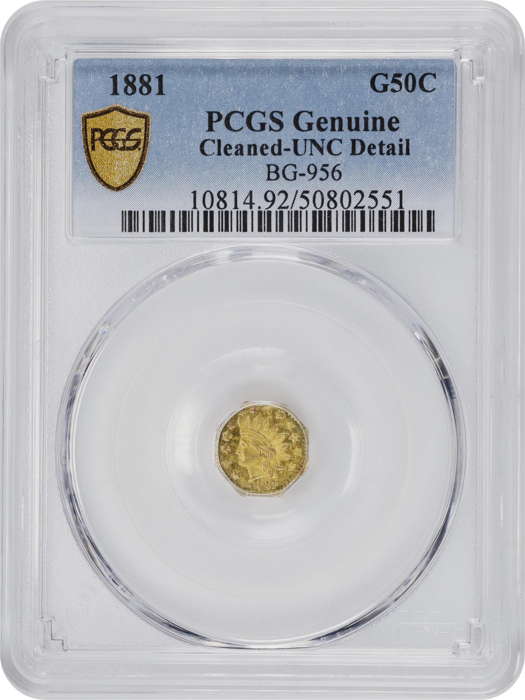 image for: 1881 Octagonal 50 Cents. BG-956. Rarity-4+. Indian Head. Unc Details--Cleaned (PCGS).