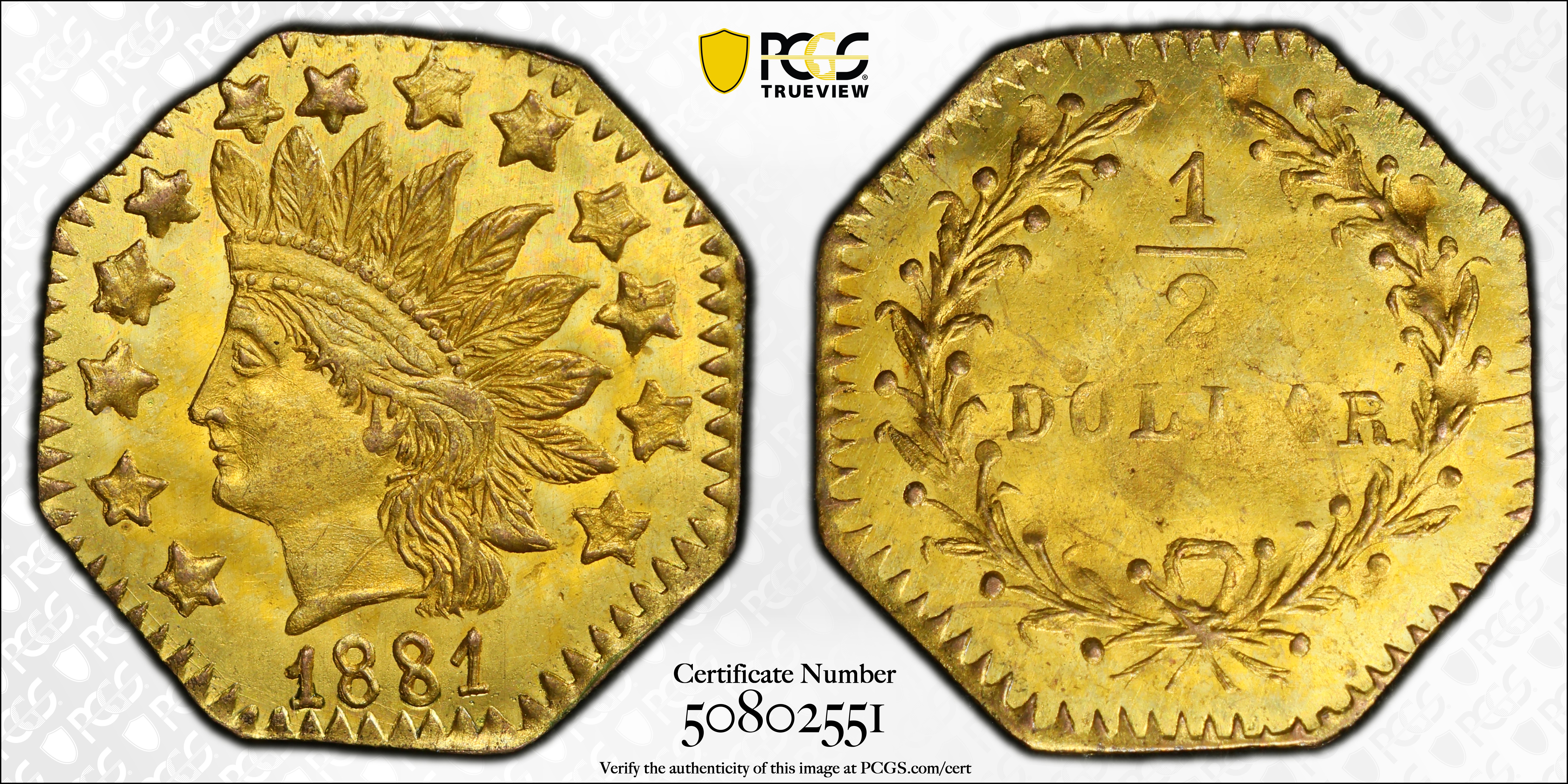 image for: 1881 Octagonal 50 Cents. BG-956. Rarity-4+. Indian Head. Unc Details--Cleaned (PCGS).