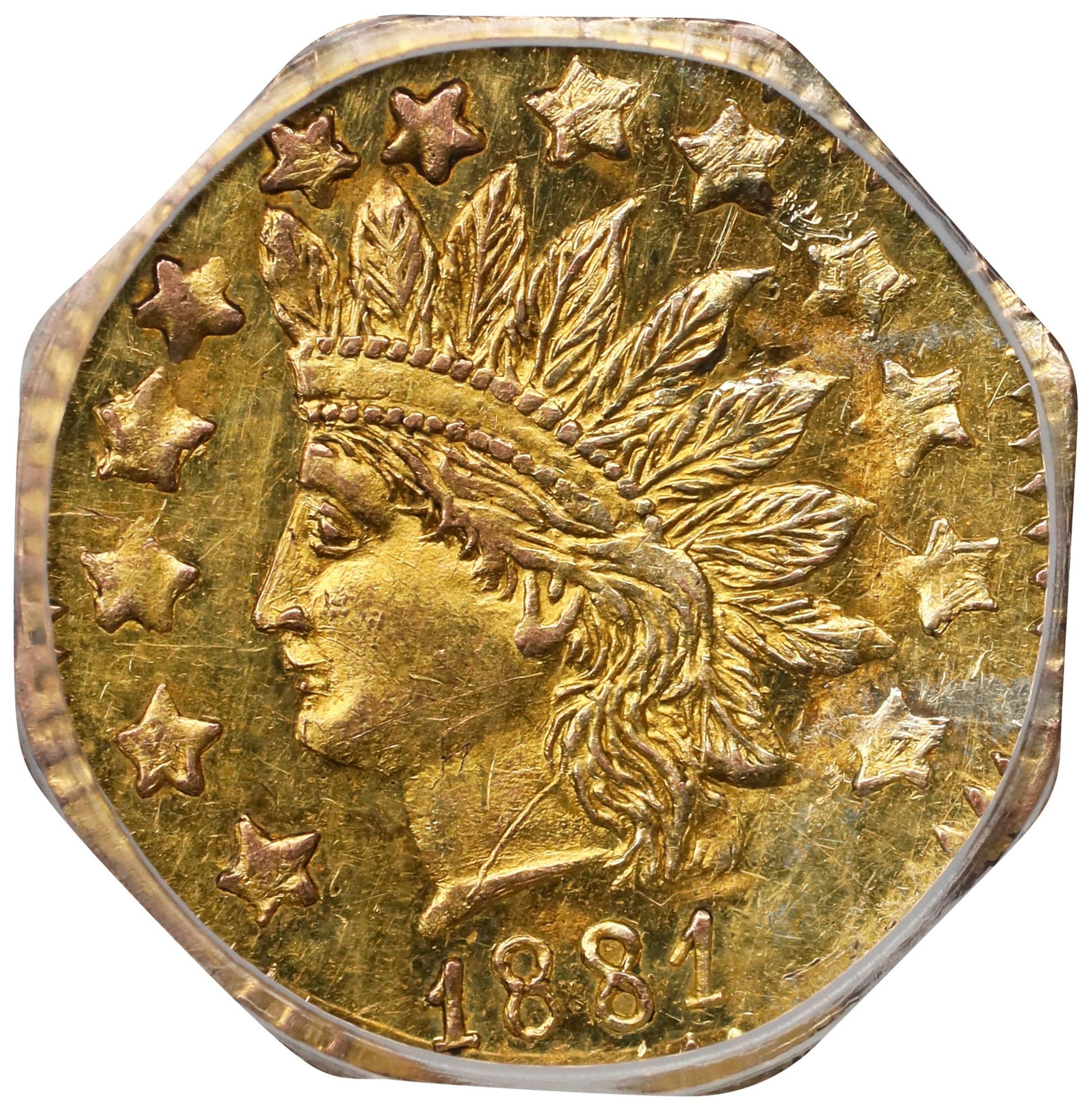 image for: 1881 Octagonal 50 Cents. BG-957. Rarity-6-. Indian Head. Unc Details--Bent (PCGS).