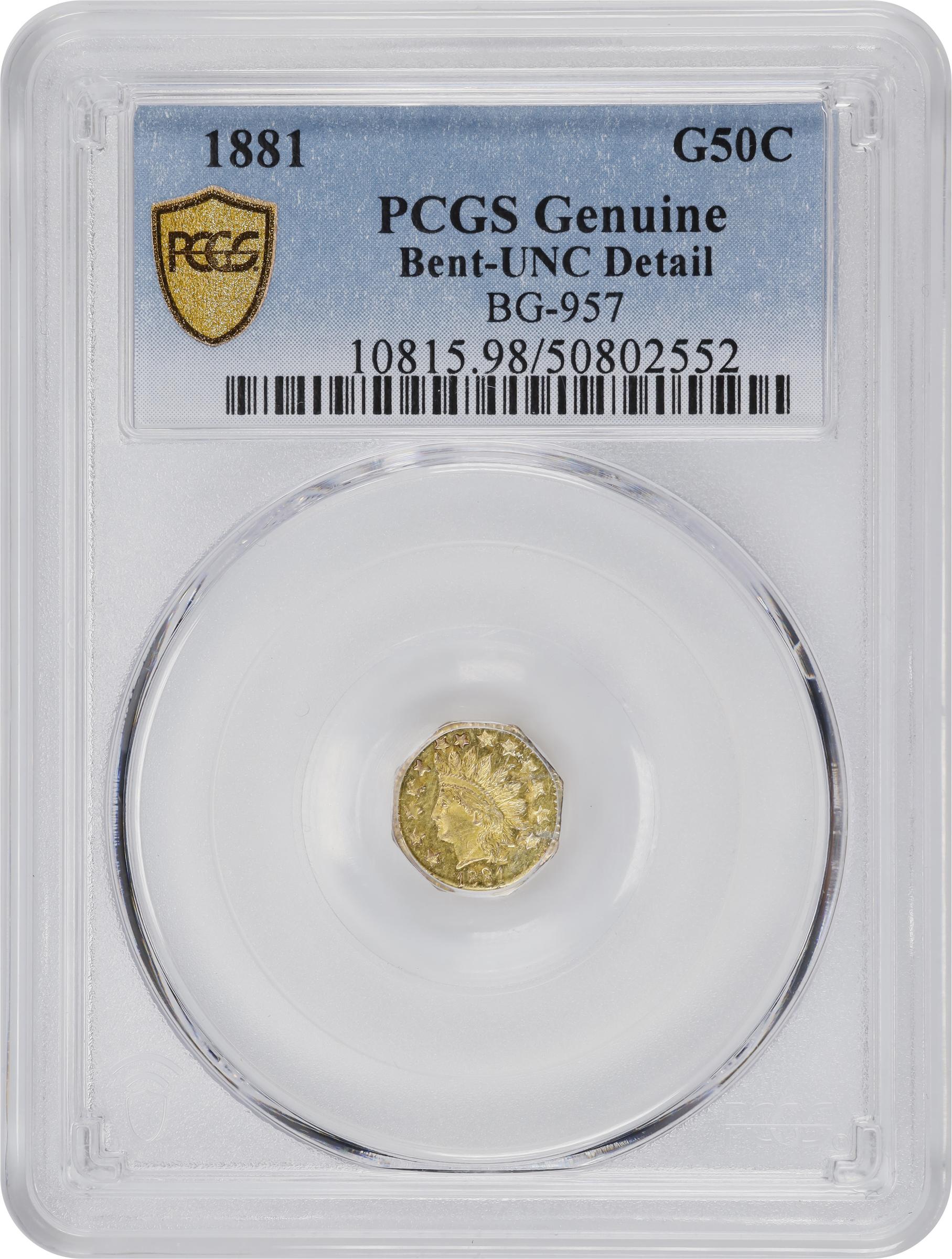 image for: 1881 Octagonal 50 Cents. BG-957. Rarity-6-. Indian Head. Unc Details--Bent (PCGS).