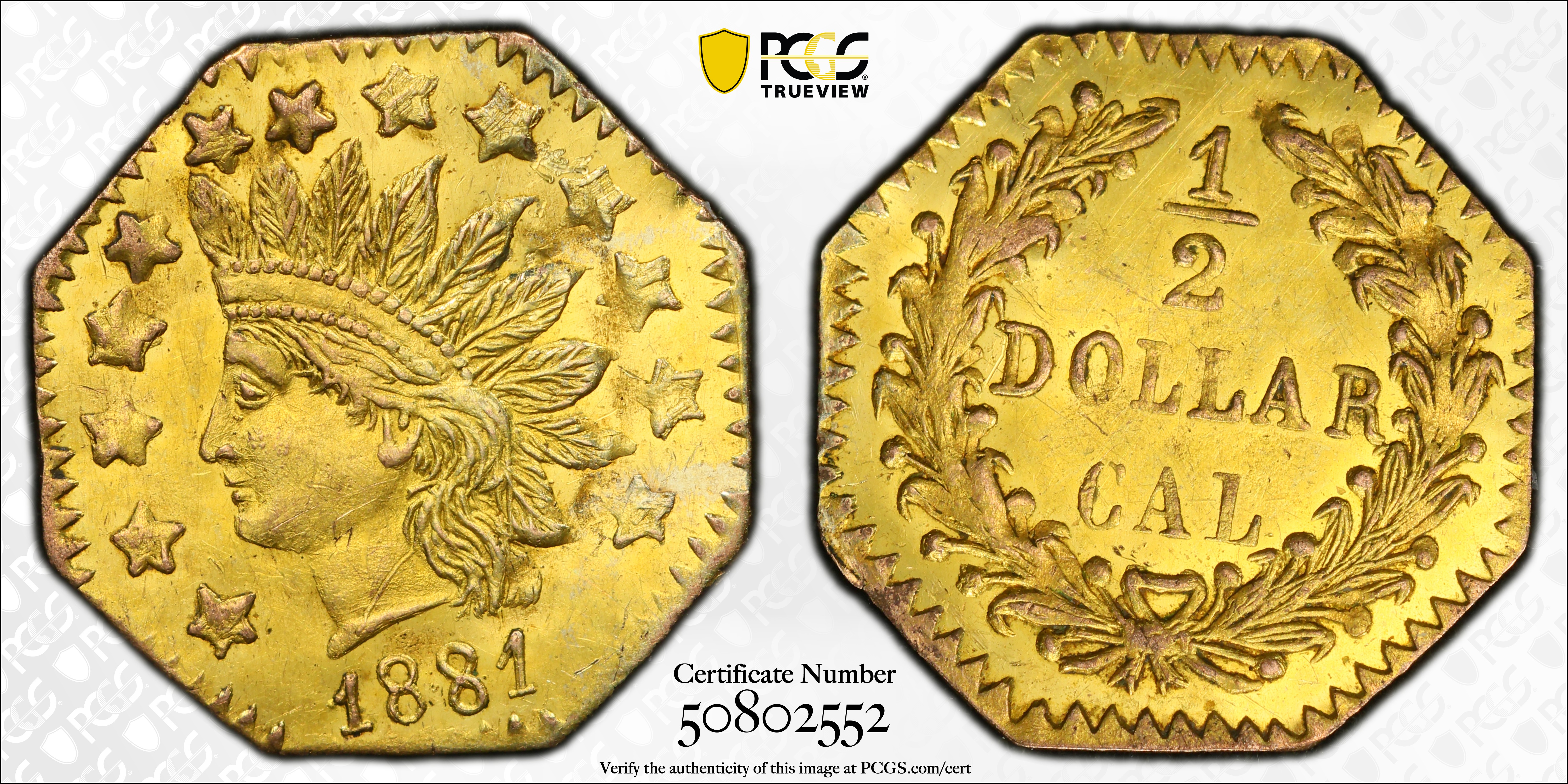 image for: 1881 Octagonal 50 Cents. BG-957. Rarity-6-. Indian Head. Unc Details--Bent (PCGS).