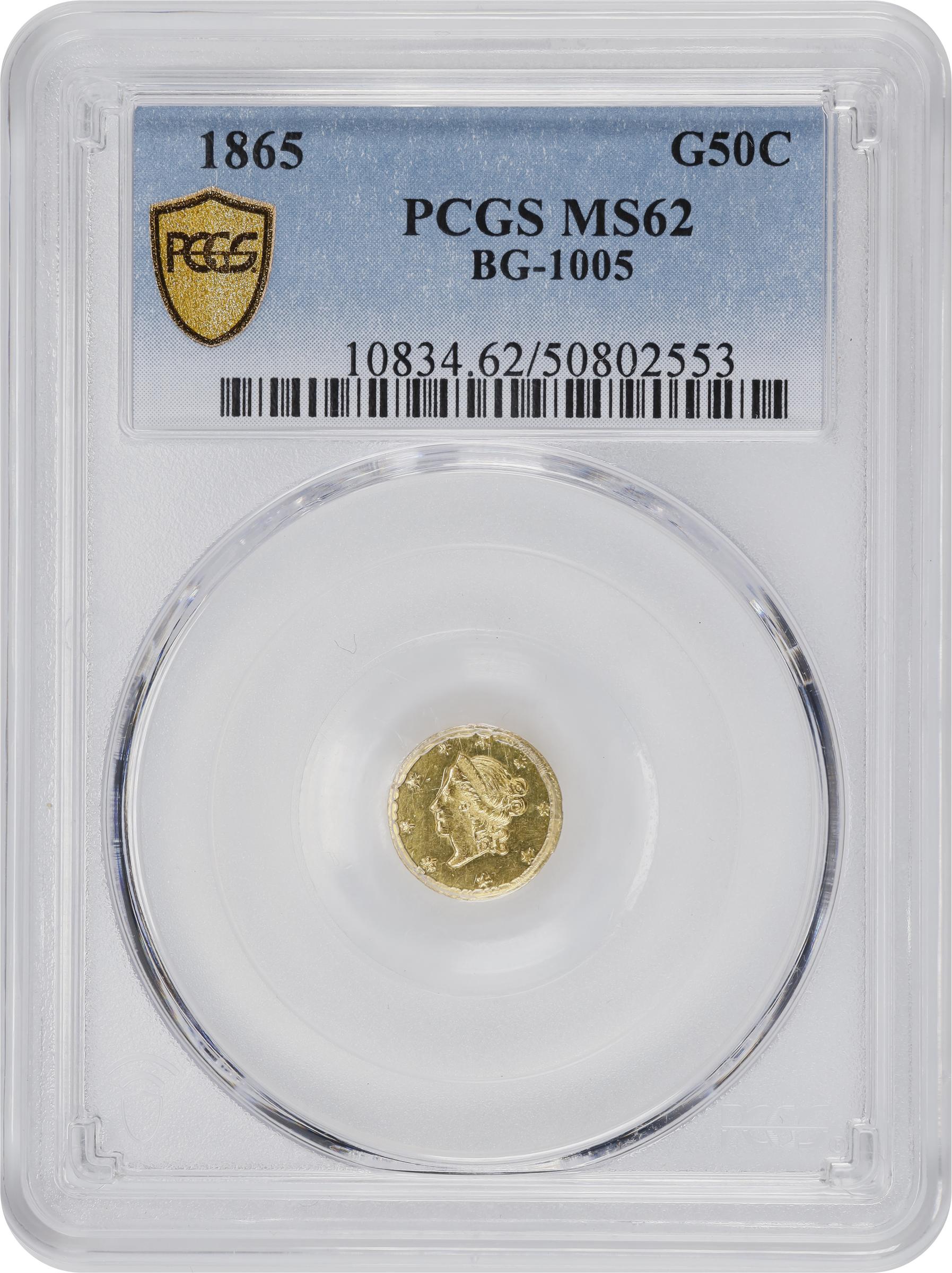 image for: 1865 Round 50 Cents. BG-1005. Rarity-5-. Liberty Head. MS-62 (PCGS).