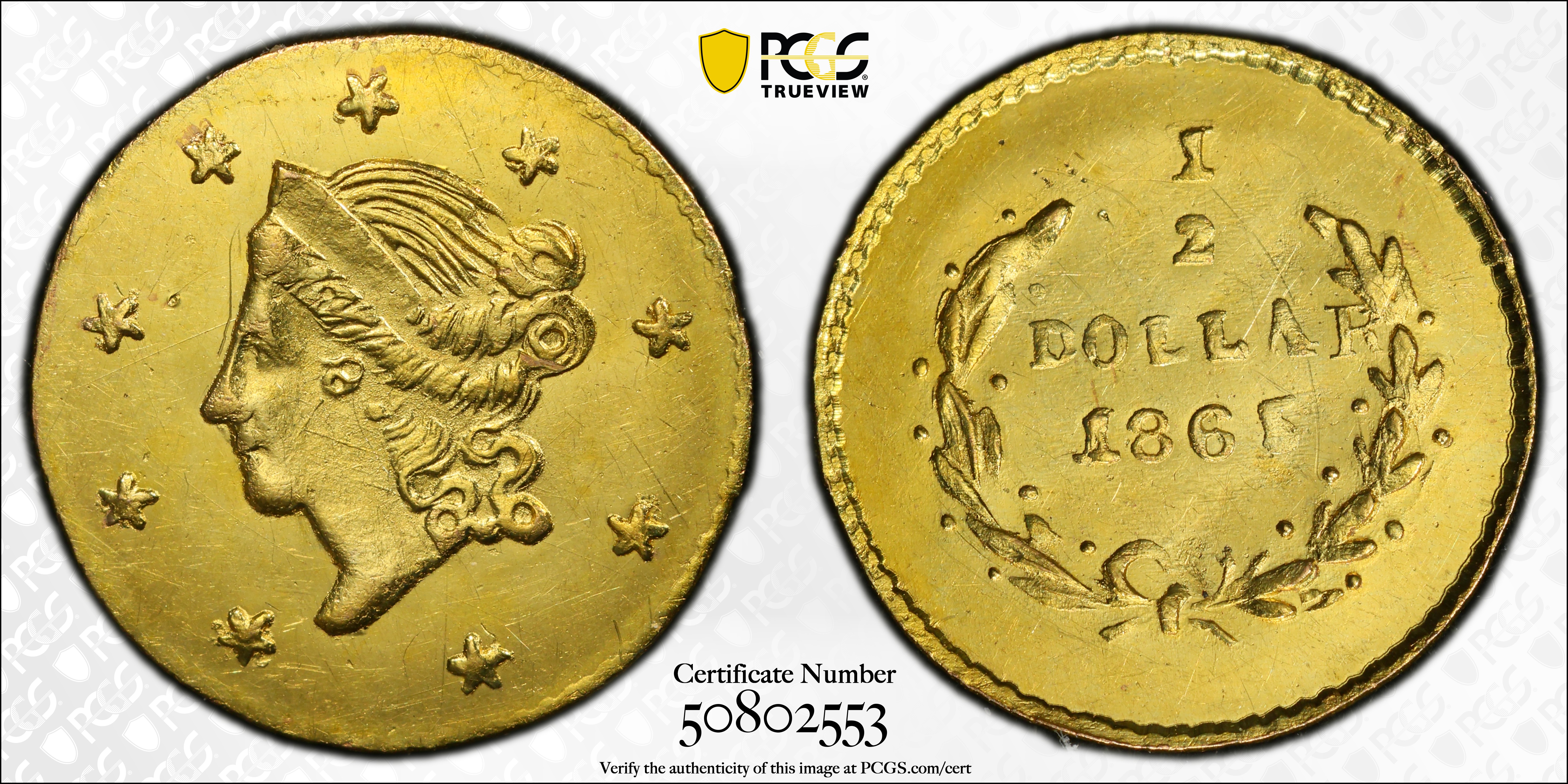 image for: 1865 Round 50 Cents. BG-1005. Rarity-5-. Liberty Head. MS-62 (PCGS).