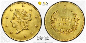image for: 1870 Round 50 Cents. BG-1010. Rarity-3. Liberty Head. MS-62 (PCGS).