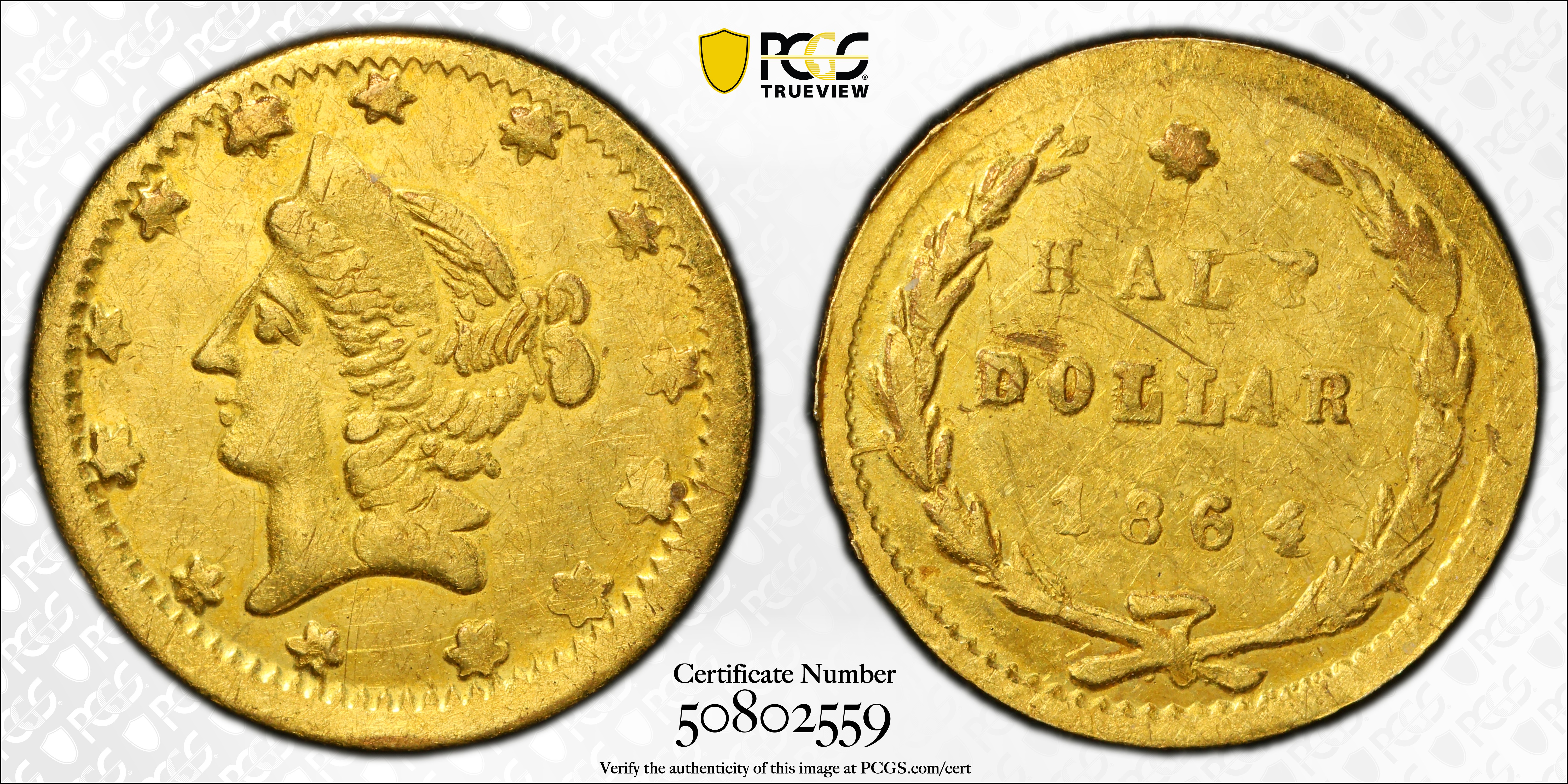 image for: 1864 Round 50 Cents. BG-1016. Rarity-4. Liberty Head. AU-55 (PCGS).