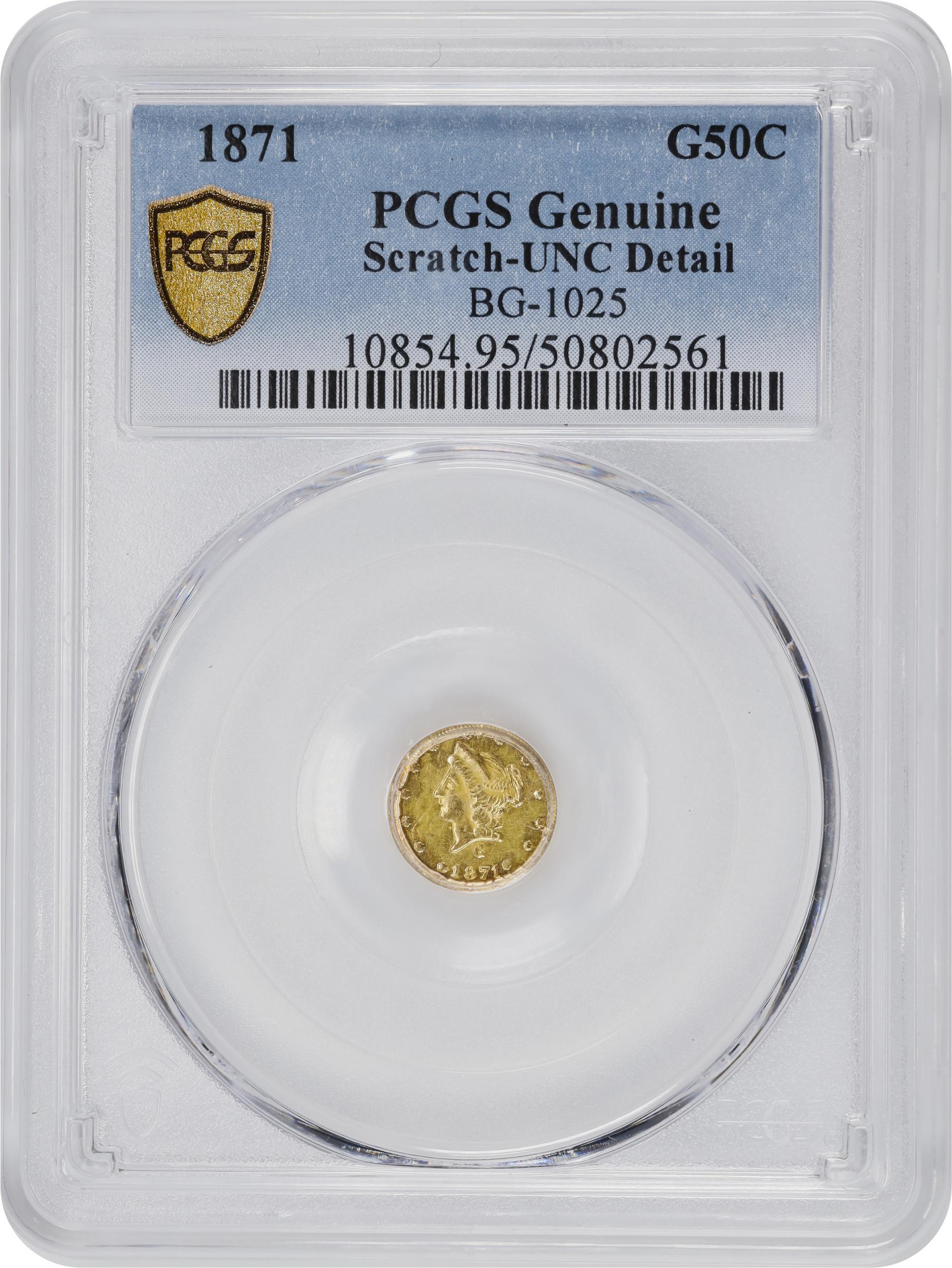 image for: 1871-G Round 50 Cents. BG-1025. Rarity-5. Liberty Head. Unc Details--Scratch (PCGS).
