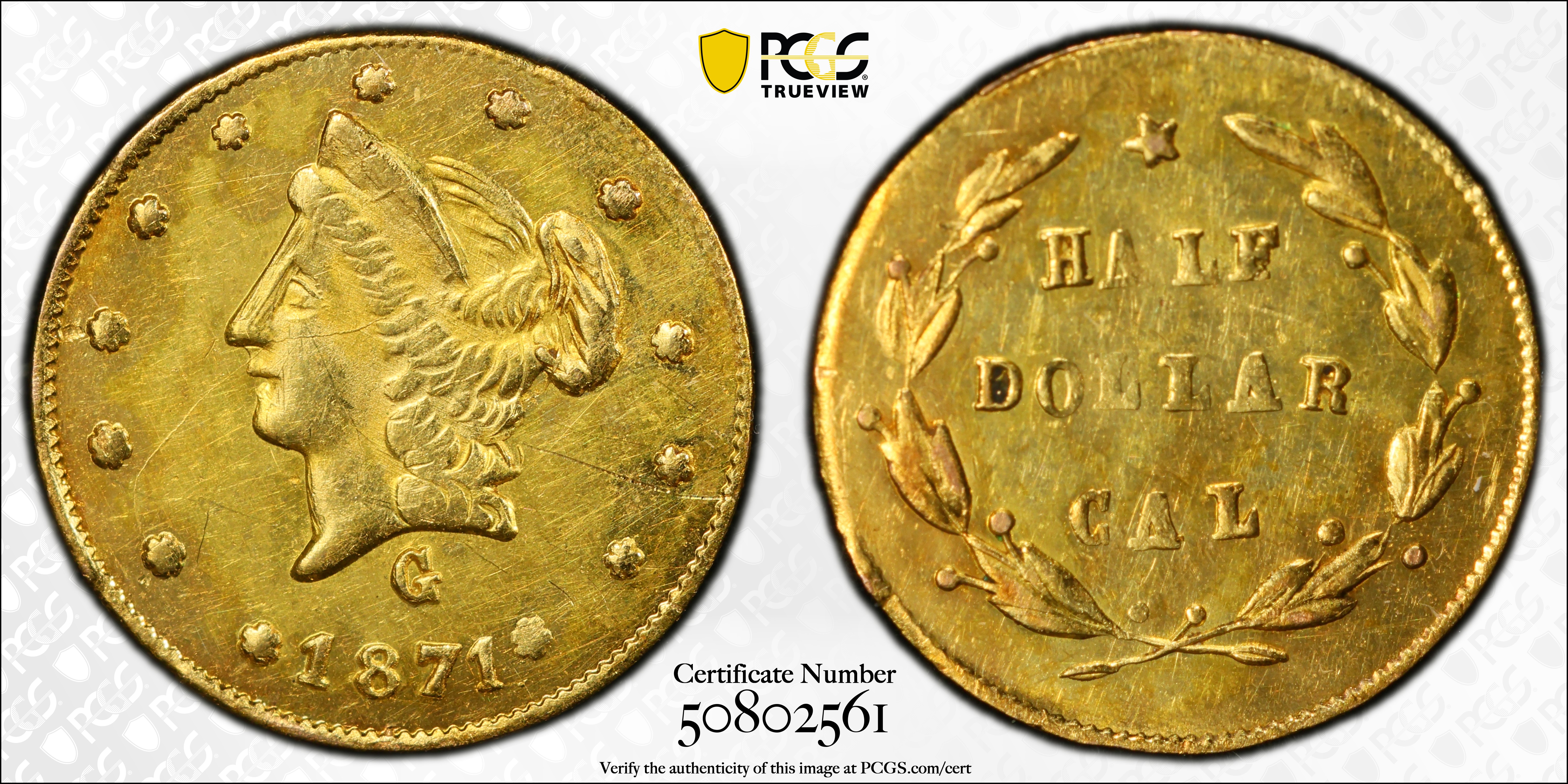 image for: 1871-G Round 50 Cents. BG-1025. Rarity-5. Liberty Head. Unc Details--Scratch (PCGS).