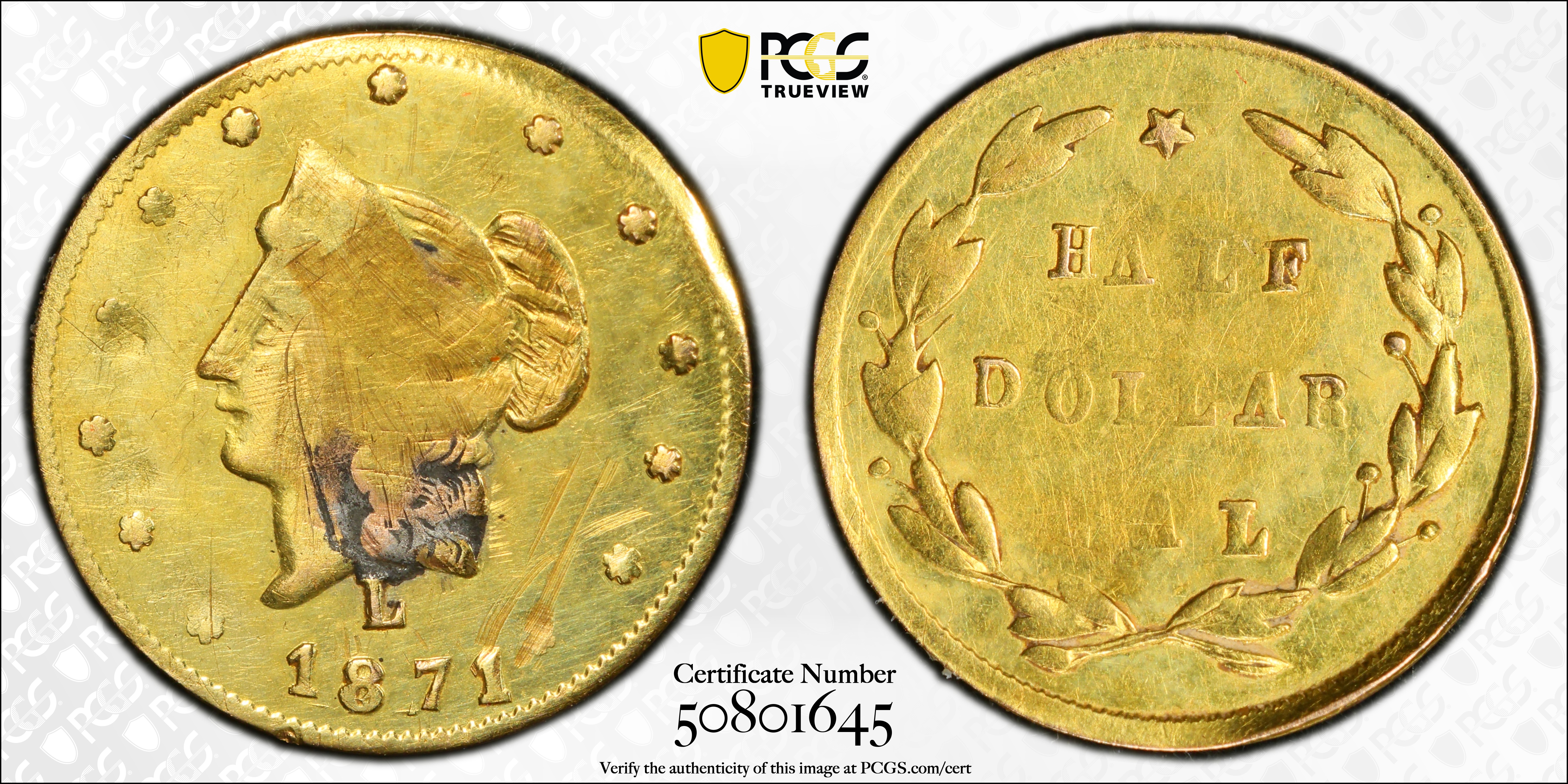 image for: 1871-L Round 50 Cents. BG-1029. Rarity-4+. Liberty Head. VF Details--Mount Removed (PCGS).