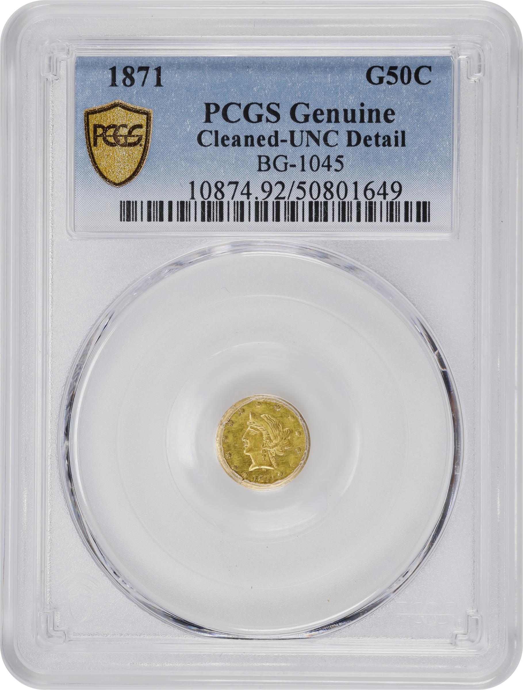 image for: 1871-H Round 50 Cents. BG-1045. Rarity-5. Liberty Head. Unc Details--Cleaned (PCGS).