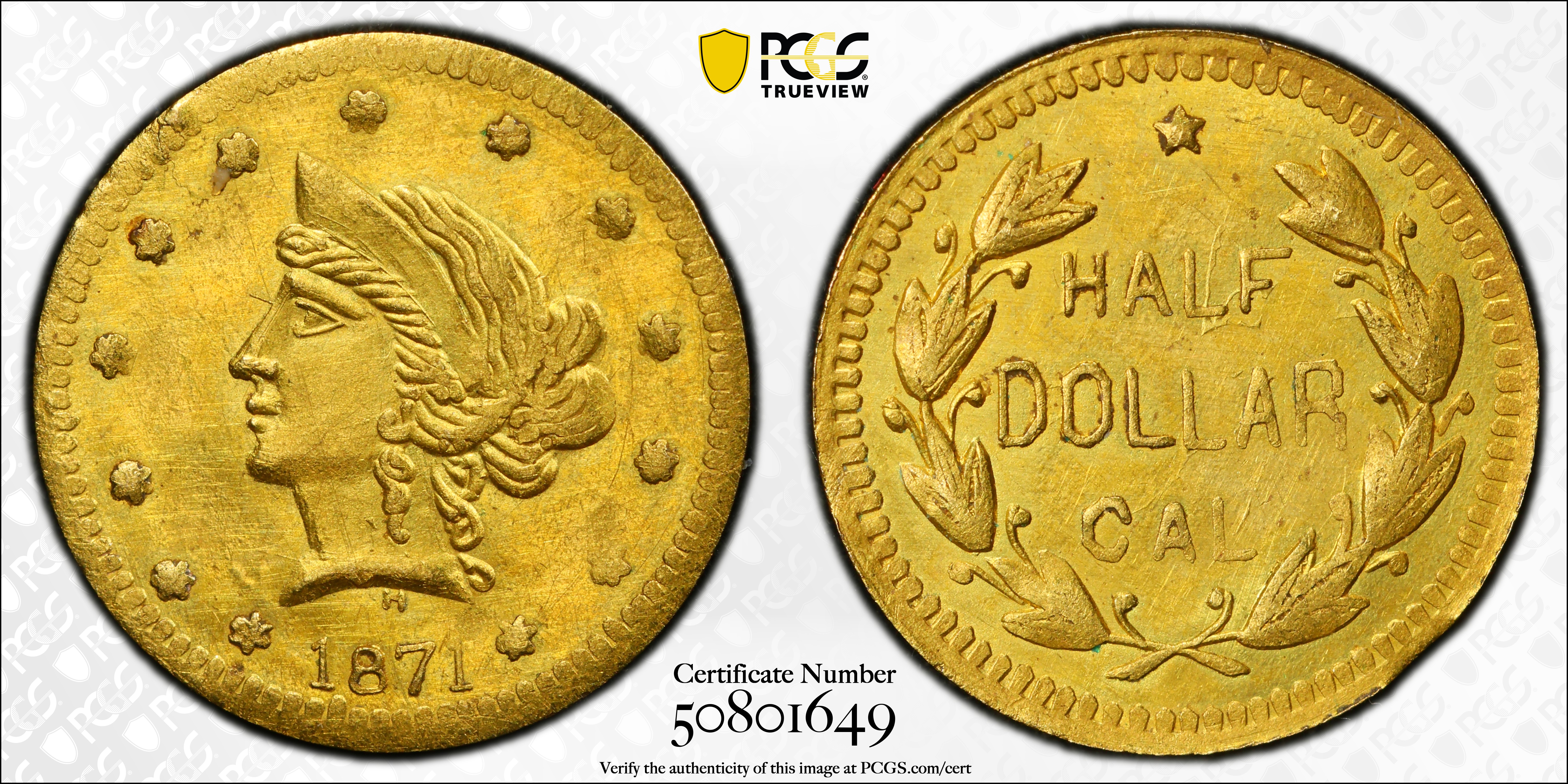 image for: 1871-H Round 50 Cents. BG-1045. Rarity-5. Liberty Head. Unc Details--Cleaned (PCGS).