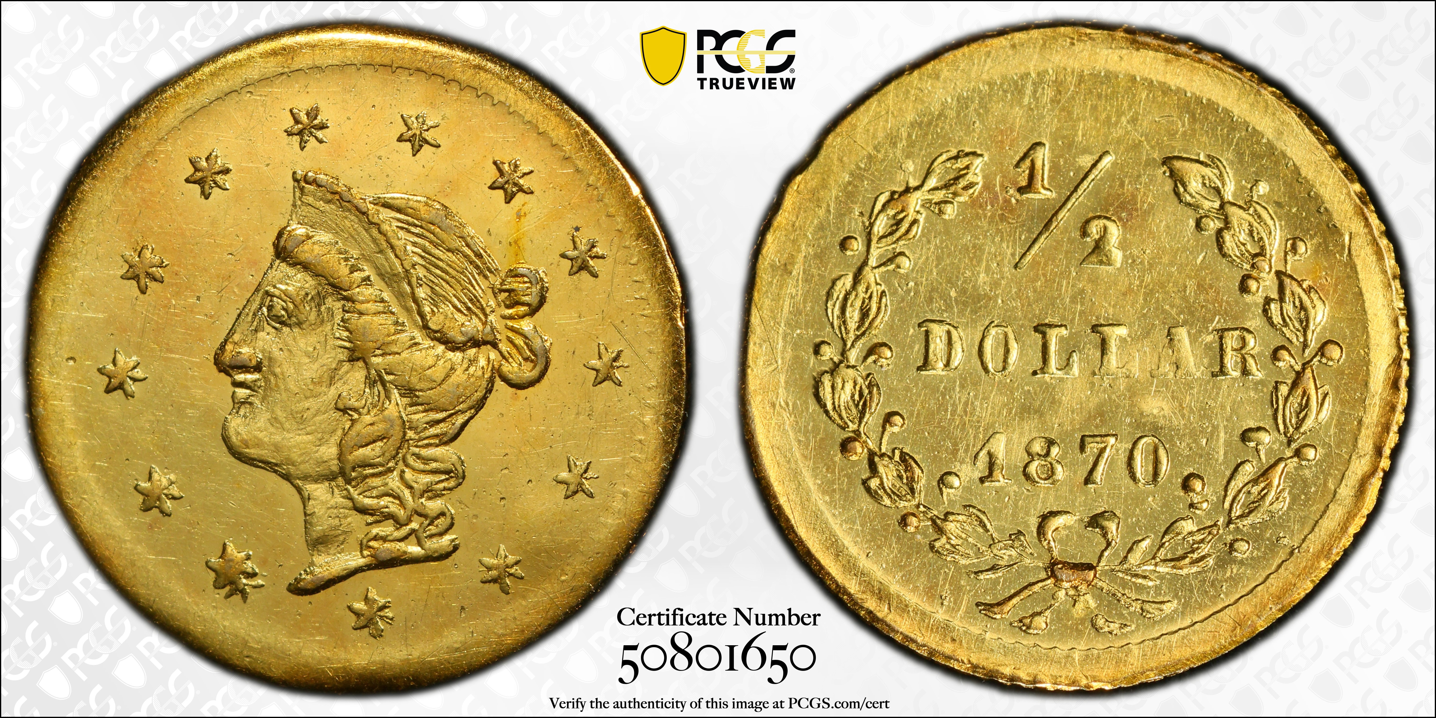 image for: 1870 Round 50 Cents. BG-1047. Rarity-4+. Liberty Head. MS-61 (PCGS).