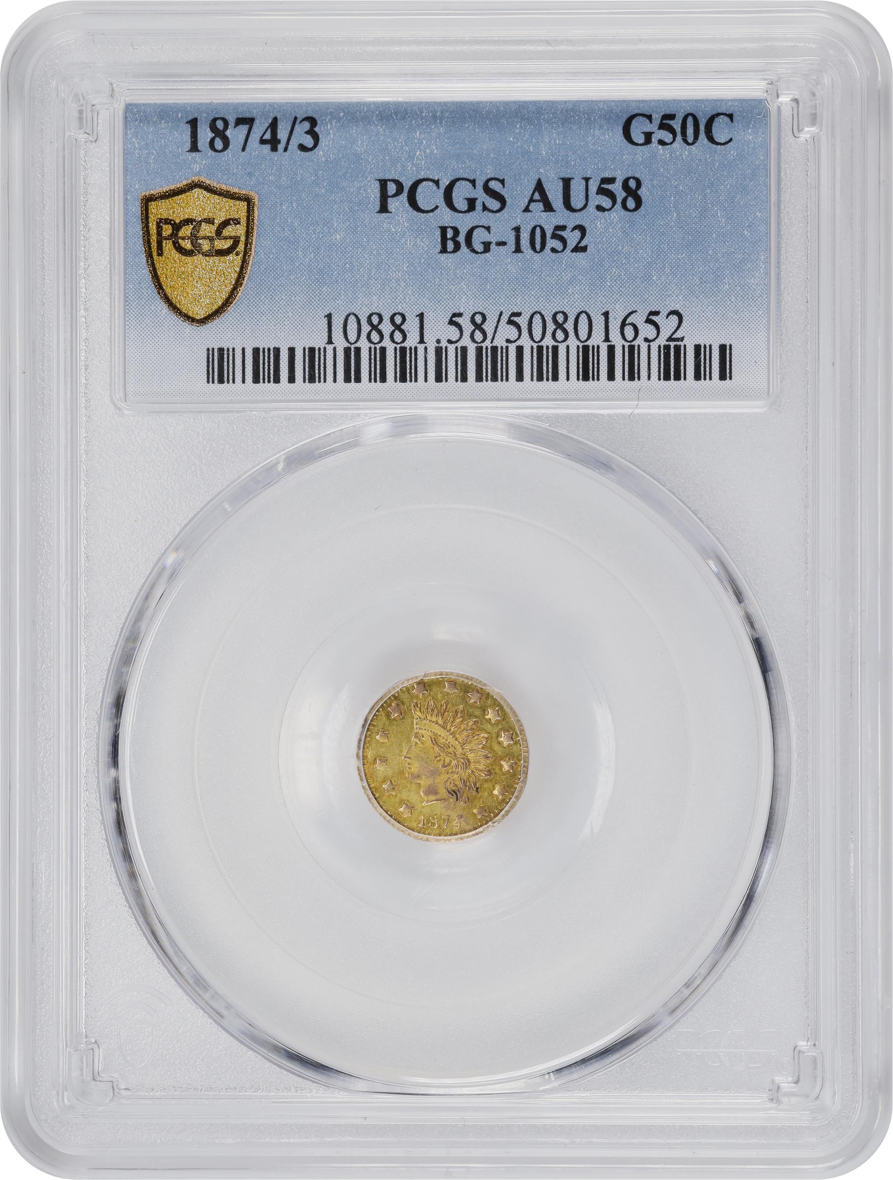 image for: 1874/3 Round 50 Cents. BG-1052. Rarity-4+. Indian Head. AU-58 (PCGS).