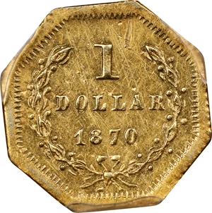 image for: 1870 Octagonal $1. BG-1118. Rarity-5-. "Goofy" Liberty Head. Unc Details--Cleaned (PCGS).