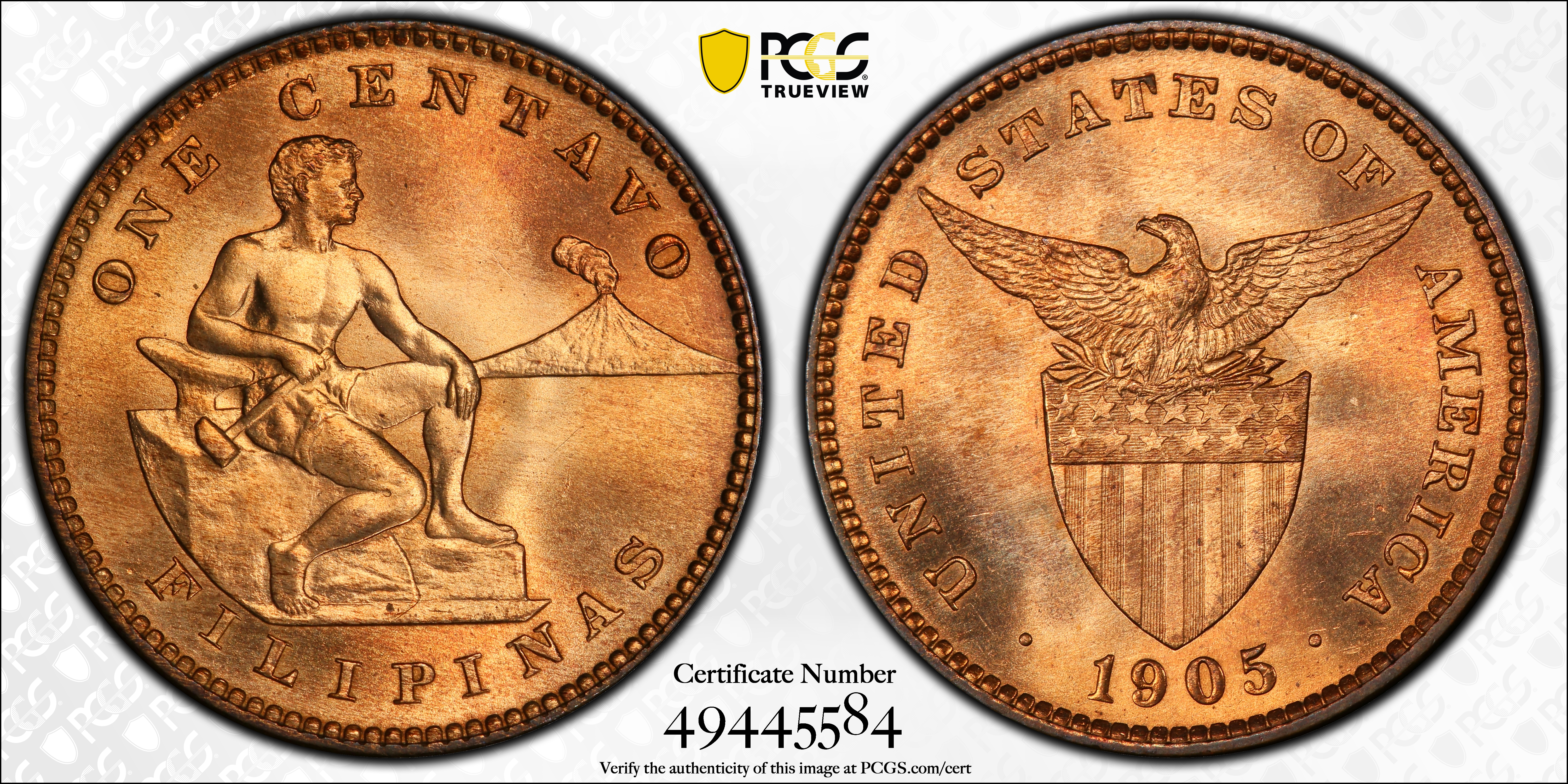 image for: 1905 Philippines One Centavo. MS-66 RD (PCGS).