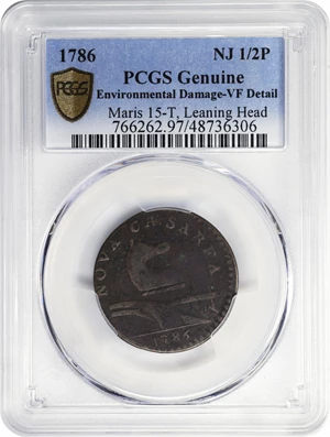 image for: 1786 New Jersey Copper. Maris 15-T, W-4825. Rarity-3. Straight Plow Beam, Leaning Head. VF Details--Environmental Damage (PCGS).