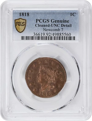 image for: 1818 Matron Head Cent. N-7. Rarity-1. Unc Details--Cleaned (PCGS).