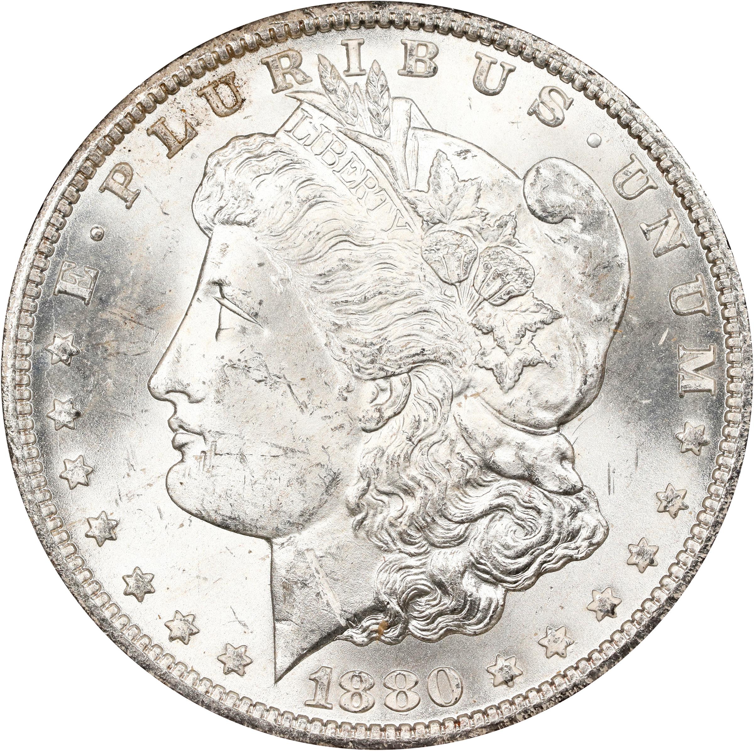 image for: 1880-CC GSA Morgan Silver Dollar. VAM-7A. Hit List 40. Reverse of 1878. Struck Through Obverse. MS-62 (NGC).