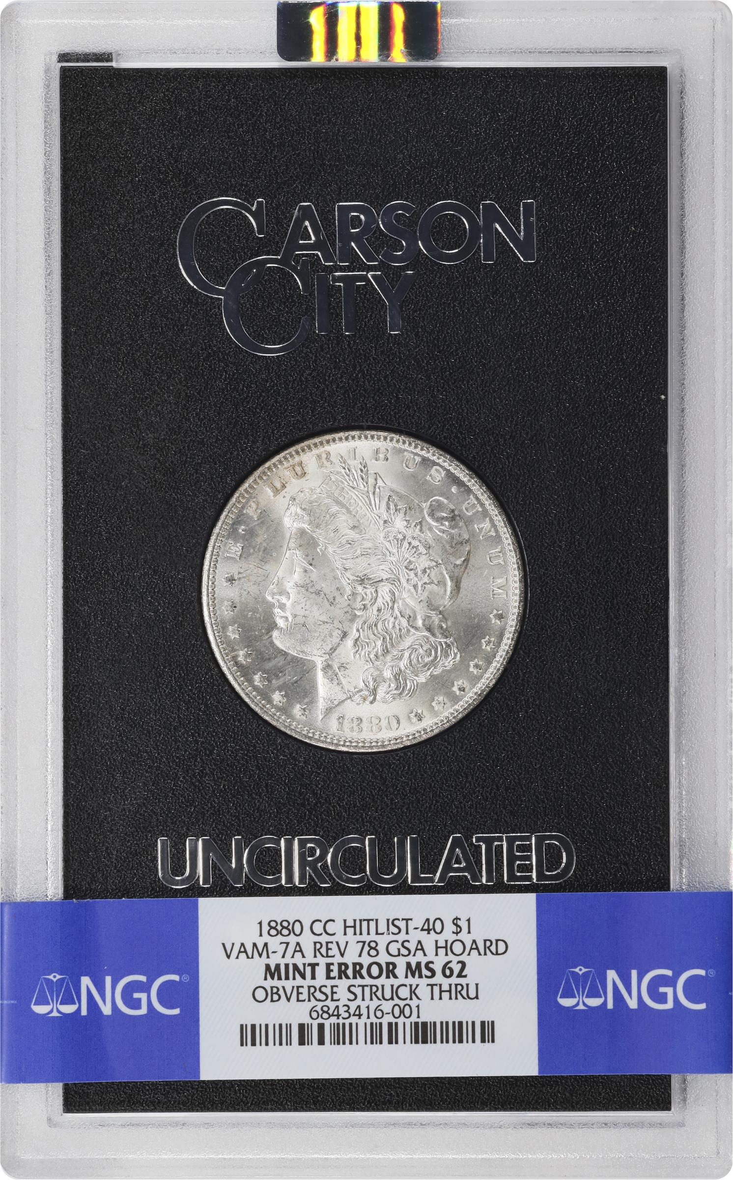 image for: 1880-CC GSA Morgan Silver Dollar. VAM-7A. Hit List 40. Reverse of 1878. Struck Through Obverse. MS-62 (NGC).
