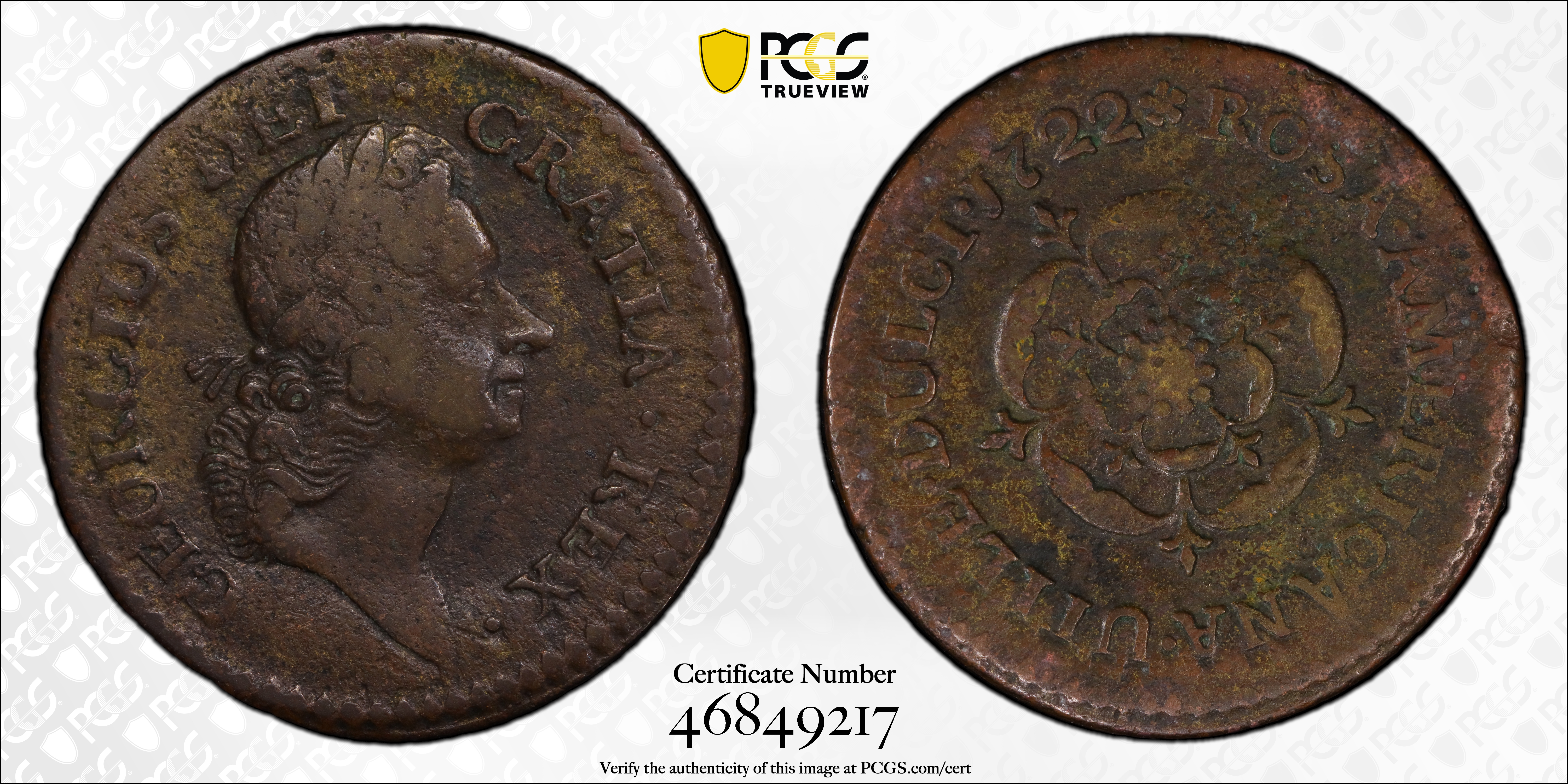 image for: 1722 Rosa Americana Halfpenny. Martin 3.10-C.5, W-1222. Rarity-4. DEI GRATIA REX / UTILE DULCI. VF Details--Environmental Damage (PCGS).