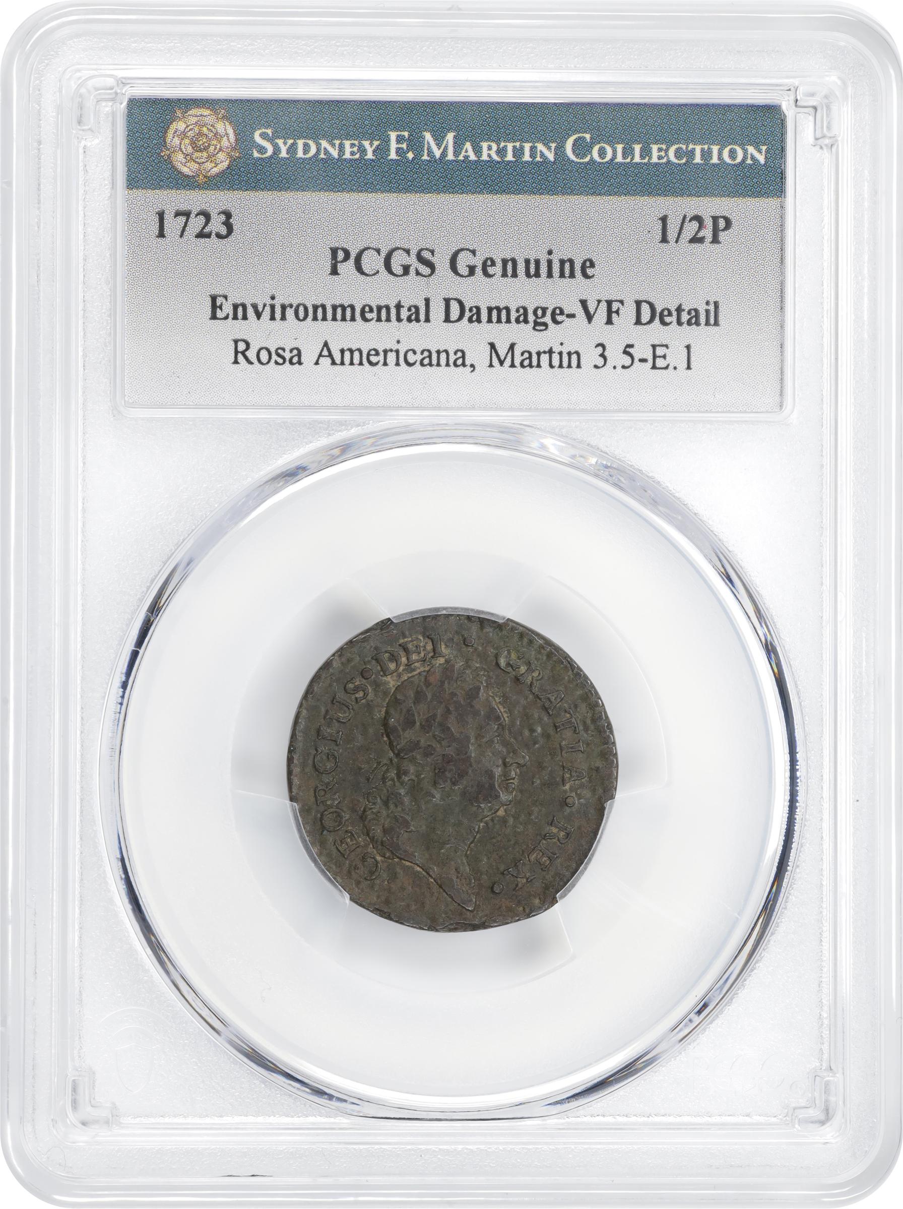 image for: 1723 Rosa Americana Halfpenny. Martin 3.5-E.1, W-1232. Rarity-6. Uncrowned Rose. VF Details--Environmental Damage (PCGS).