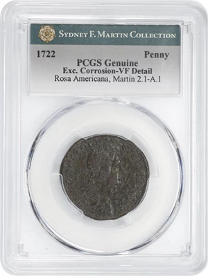 image for: 1722 Rosa Americana Penny. Martin 2.1-A.1, W-1256. Rarity-5. VTILE DVLCI. VF Details--Excessive Corrosion (PCGS).