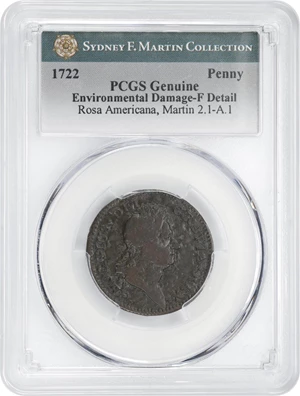 image for: 1722 Rosa Americana Penny. Martin 2.1-A.1, W-1256. Rarity-5. VTILE DVLCI. Fine Details--Environmental Damage (PCGS).