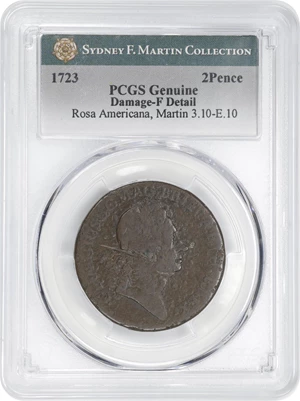 image for: 1723 Rosa Americana Twopence. Martin 3.10-E.10, W-1334. Rarity-4. Fine Details--Damage (PCGS).