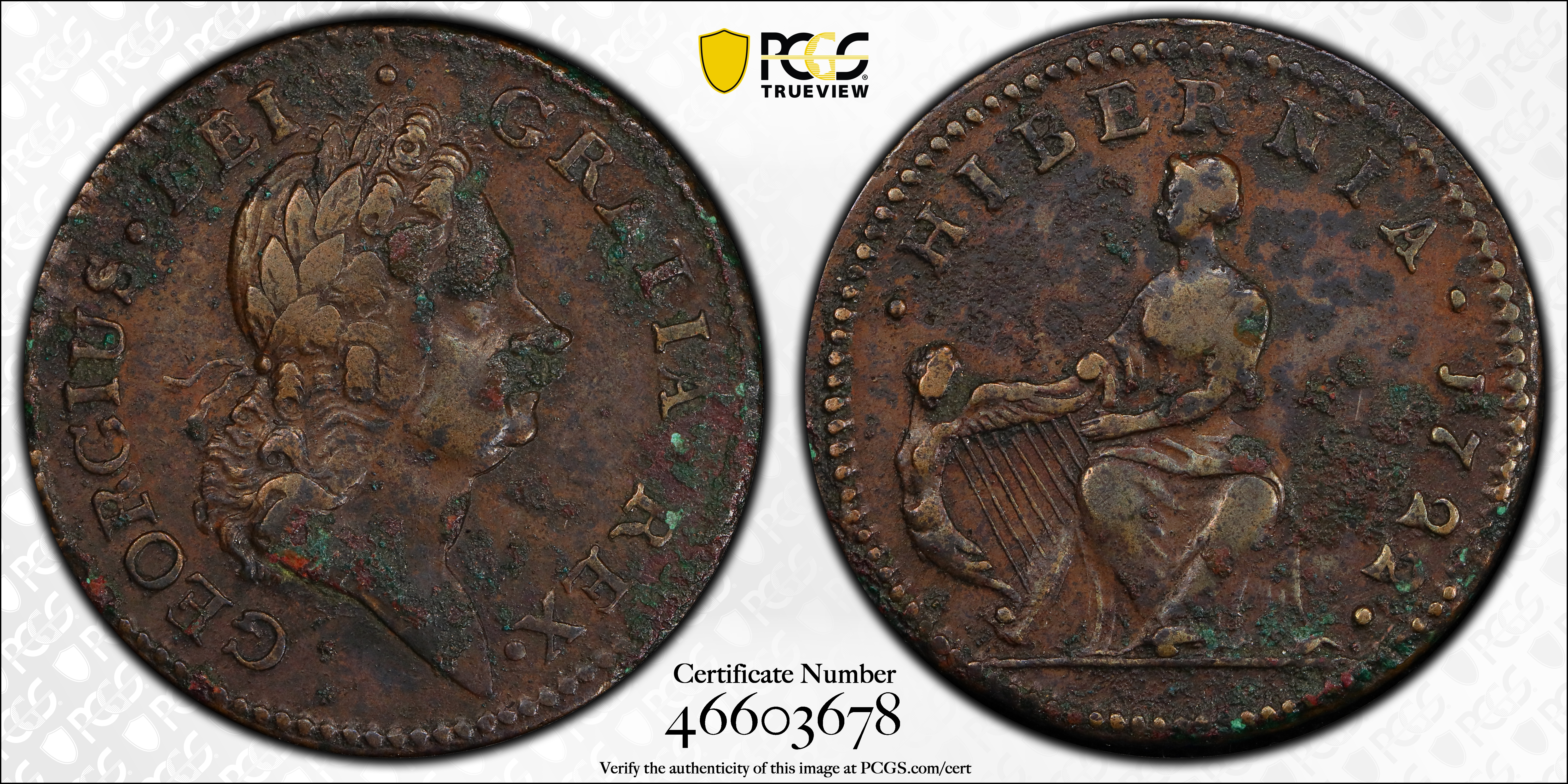 image for: 1722 Wood's Hibernia Halfpenny. Martin 4.3-Bc.1, W-12730. Rarity-4. First Type, Harp at Left. EF Details--Environmental Damage (PCGS).