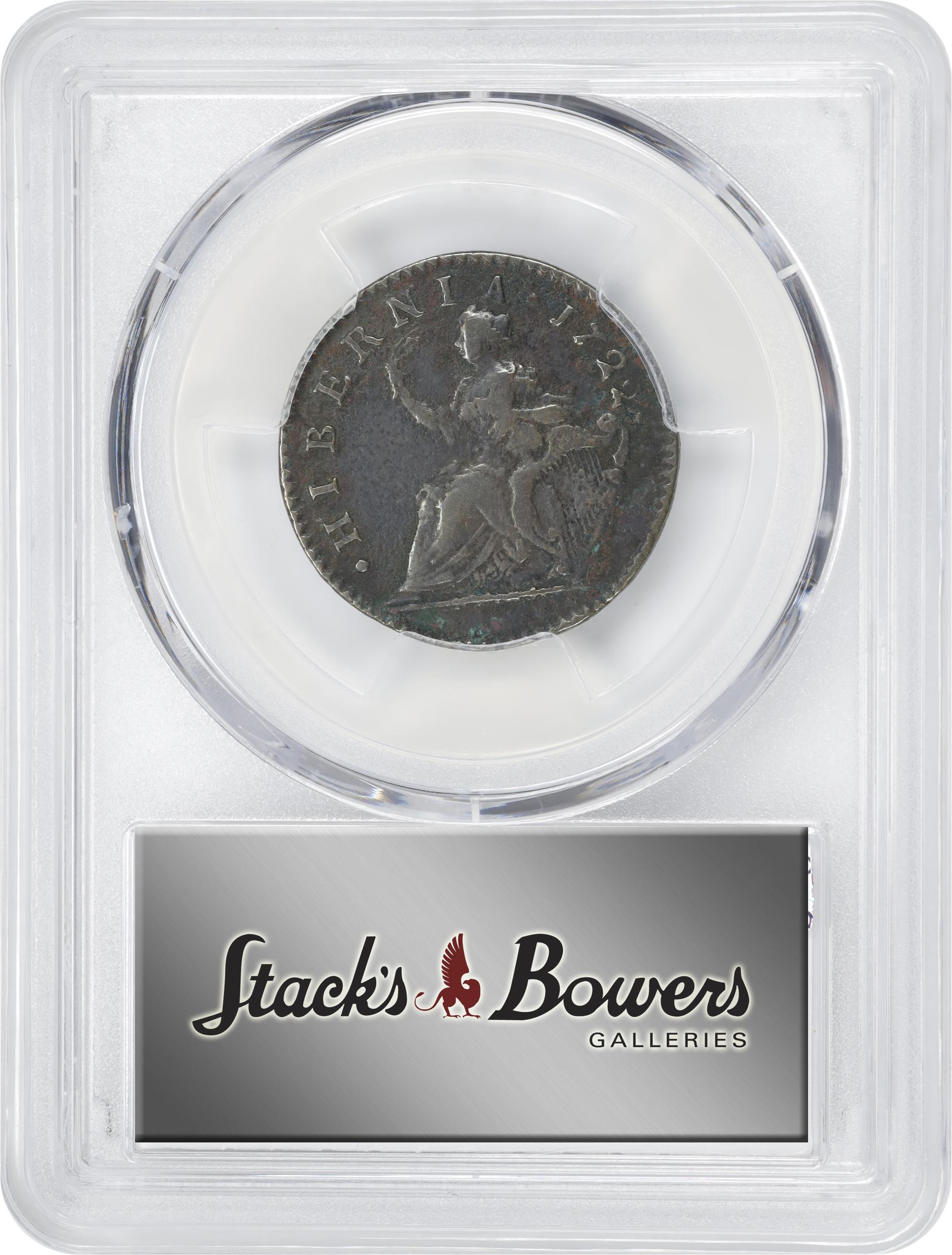 image for: 1722 Wood's Hibernia Halfpenny. Martin 4.8-C.4, W-12810. Rarity-5. Second Type, Harp at Right. VF Details--Environmental Damage (PCGS).