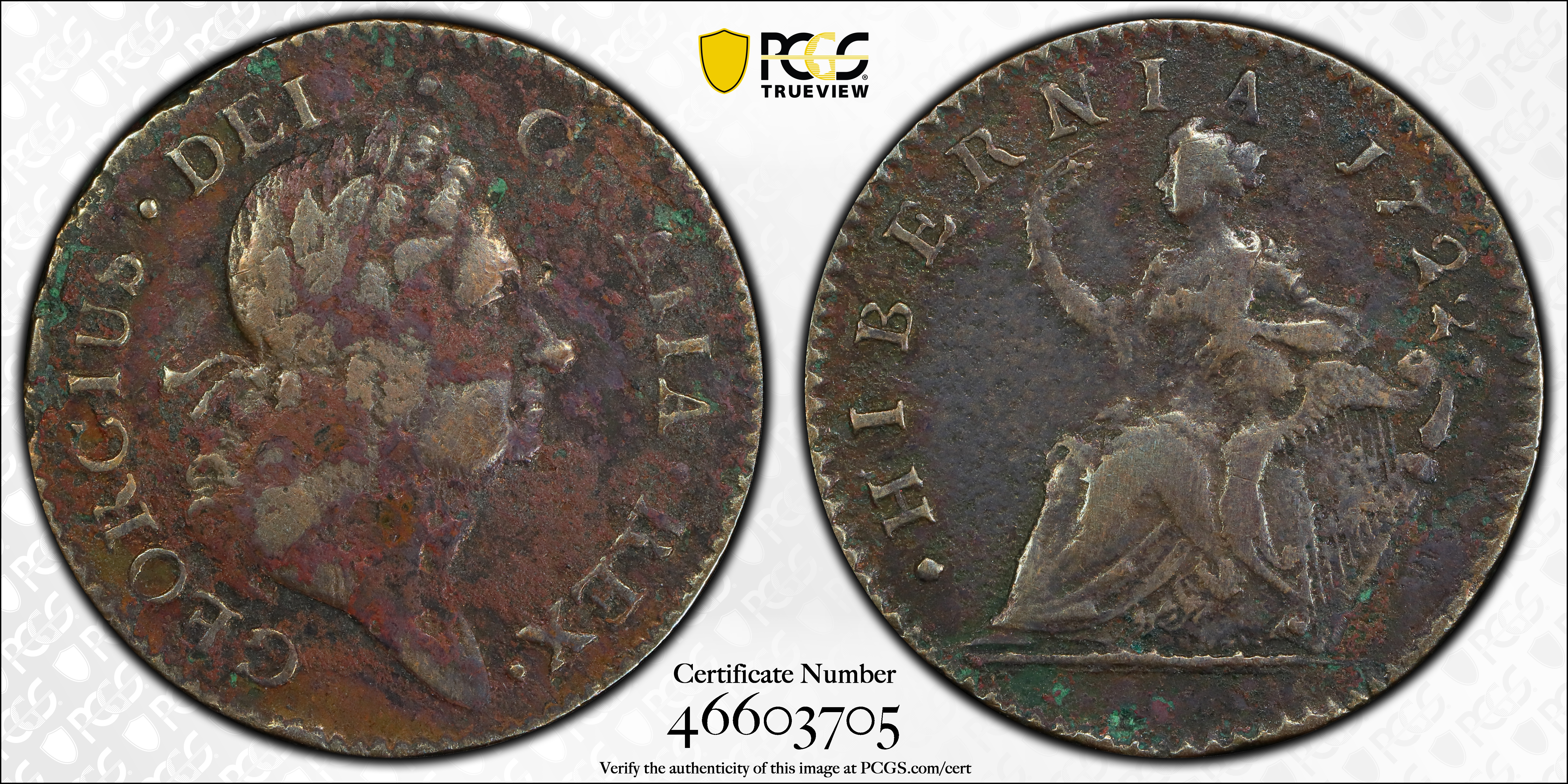 image for: 1722 Wood's Hibernia Halfpenny. Martin 4.8-C.4, W-12810. Rarity-5. Second Type, Harp at Right. VF Details--Environmental Damage (PCGS).