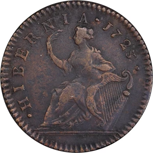 image for: 1723/2 Wood's Hibernia Halfpenny. Martin 3.4-Db.1, W-12850. Rarity-3. EF Details--Environmental Damage (PCGS).