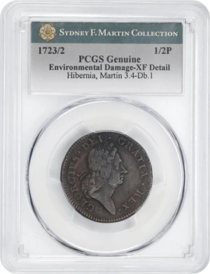 image for: 1723/2 Wood's Hibernia Halfpenny. Martin 3.4-Db.1, W-12850. Rarity-3. EF Details--Environmental Damage (PCGS).