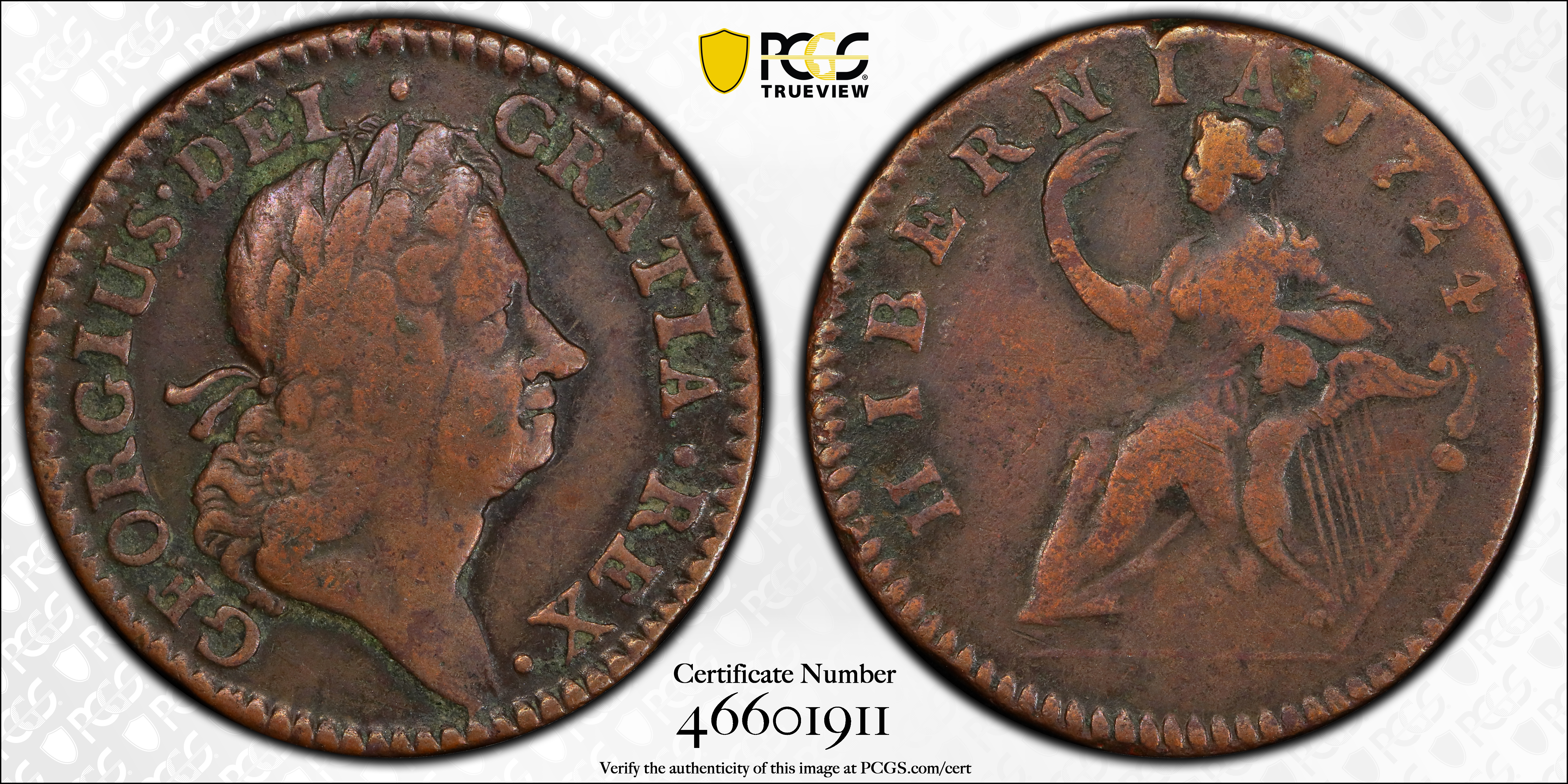 image for: 1724 Wood's Hibernia Halfpenny. Martin 4.51-K.4, W-13690. Rarity-2. VF Details--Environmental Damage (PCGS).