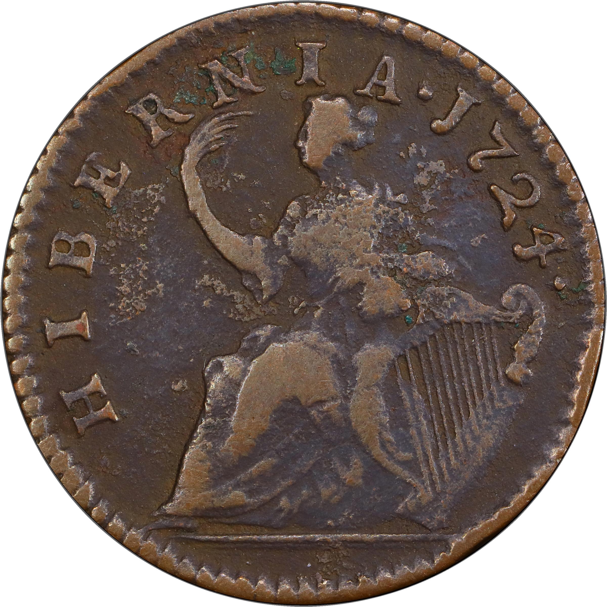 image for: 1724 Wood's Hibernia Halfpenny. Martin 4.67-K.3, W-13690. Rarity-2. VF Details--Environmental Damage (PCGS).