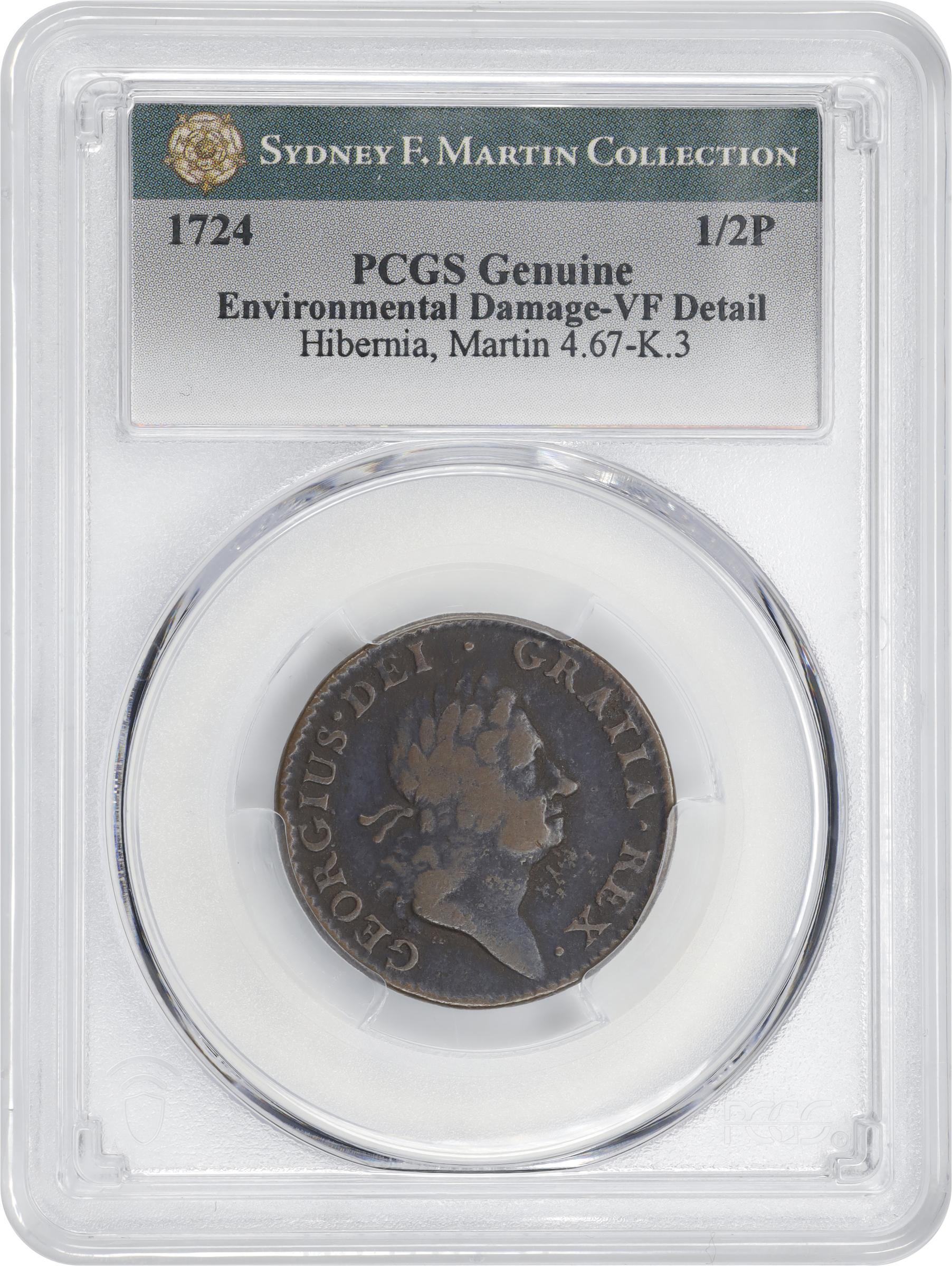 image for: 1724 Wood's Hibernia Halfpenny. Martin 4.67-K.3, W-13690. Rarity-2. VF Details--Environmental Damage (PCGS).