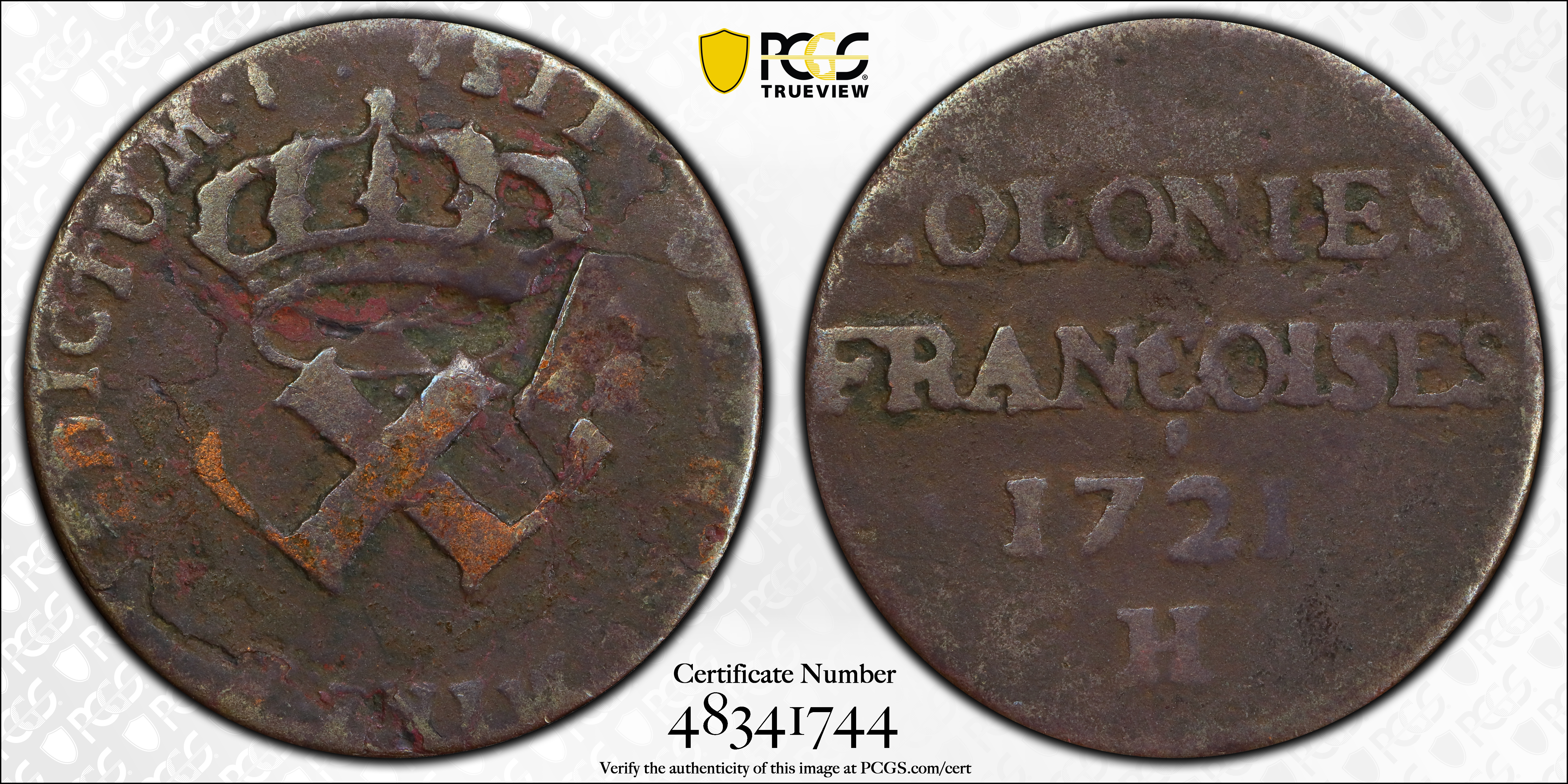 image for: 1721-H Sou, or 9 Deniers. La Rochelle Mint. Martin 3.6-B.12, W-11830. Rarity-7. Fine Details--Environmental Damage (PCGS).