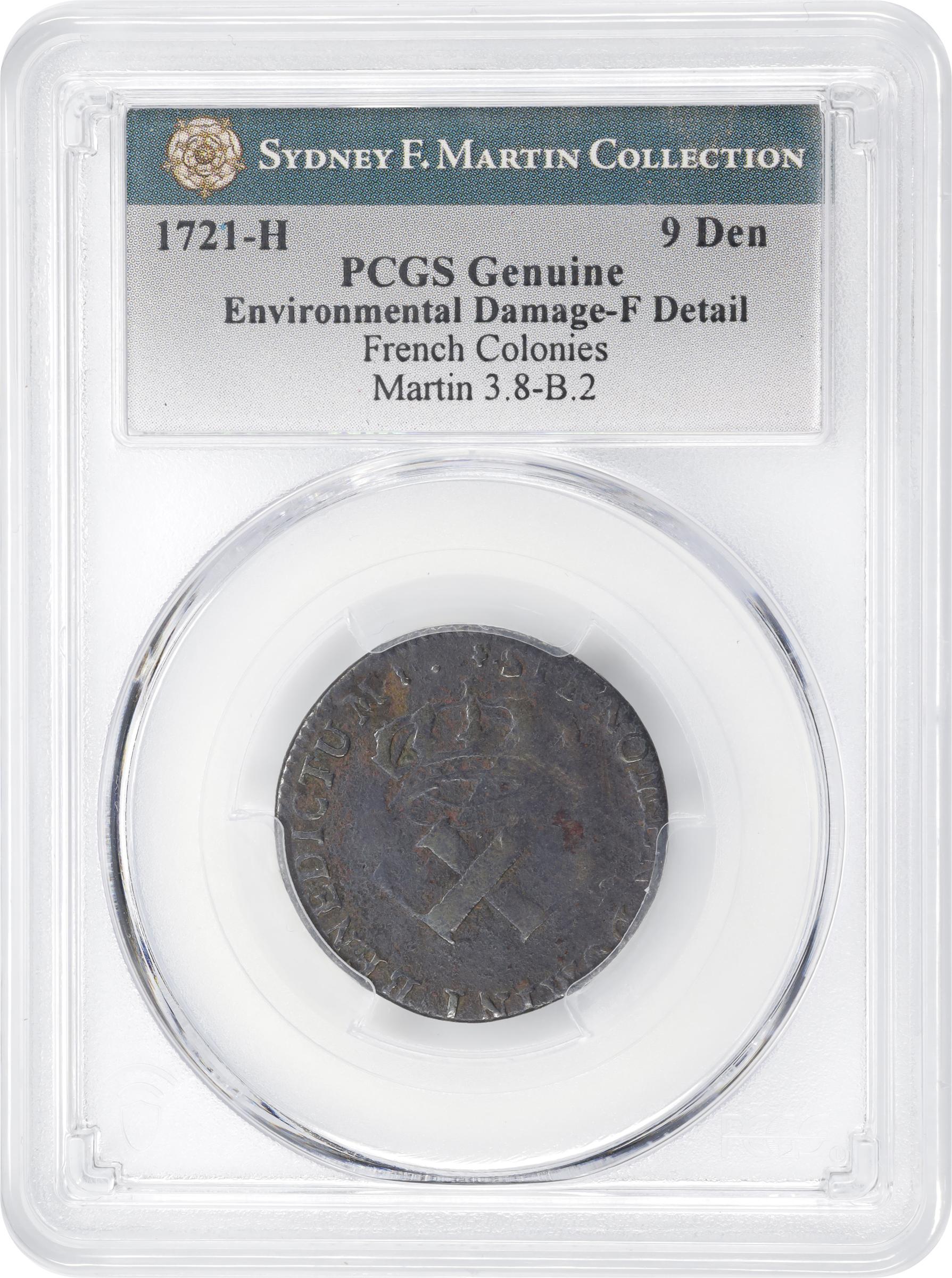 image for: 1721-H Sou, or 9 Deniers. La Rochelle Mint. Martin 3.8-B.2, W-11830. Rarity-6. Fine Details--Environmental Damage (PCGS).