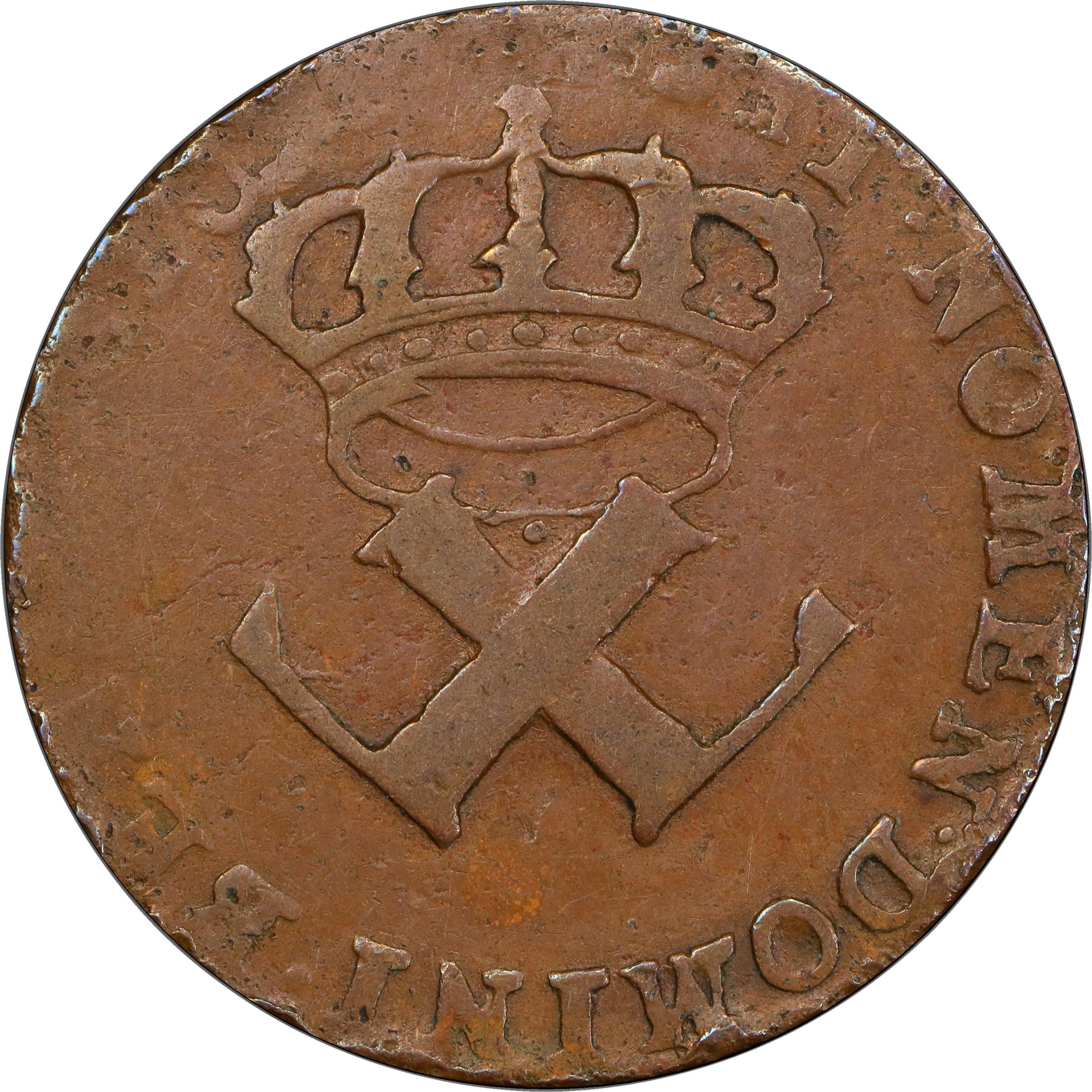 image for: 1721-H Sou, or 9 Deniers. La Rochelle Mint. Martin 3.11-B.18, W-11830. Rarity-5. Fine Details--Rim Damage (PCGS).