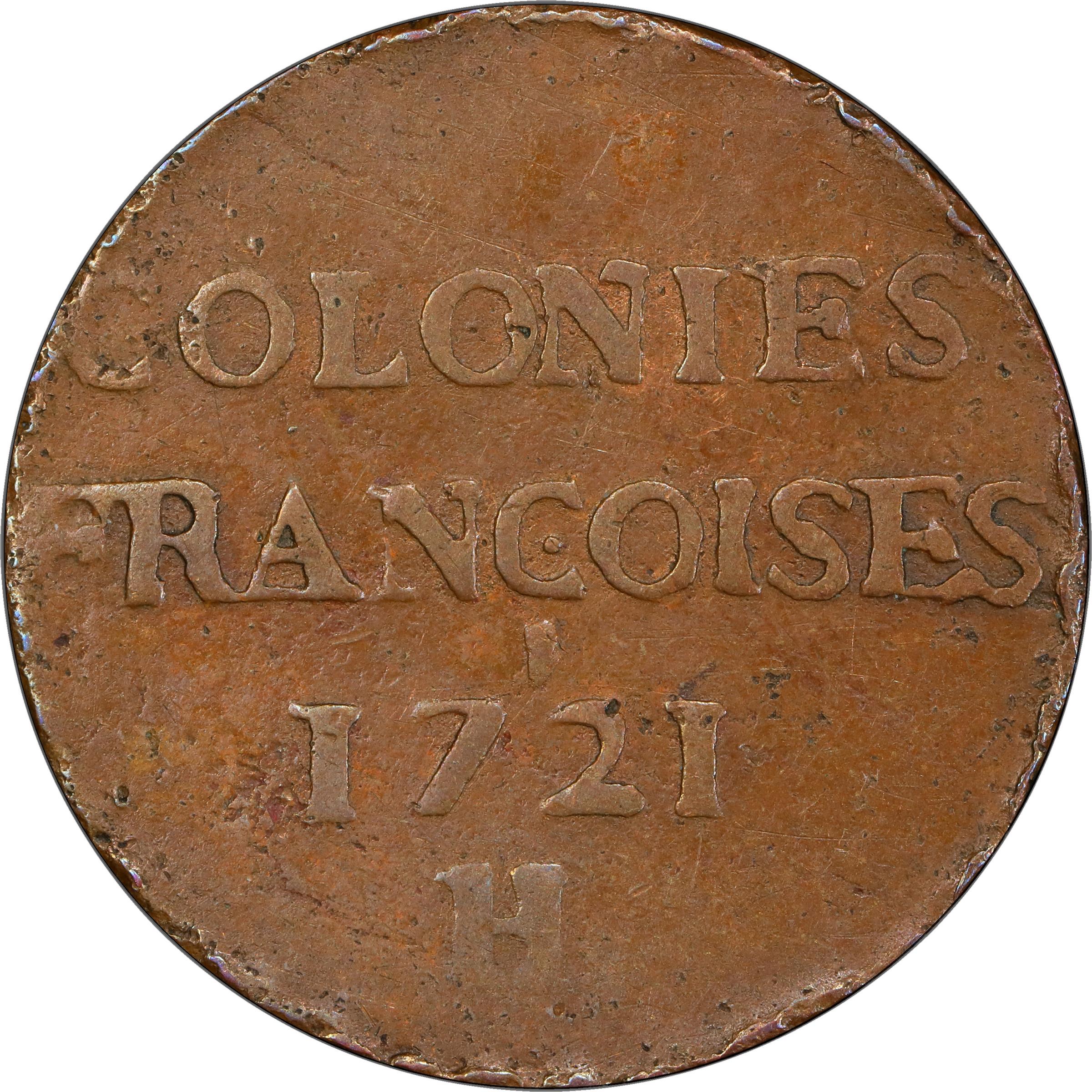 image for: 1721-H Sou, or 9 Deniers. La Rochelle Mint. Martin 3.11-B.18, W-11830. Rarity-5. Fine Details--Rim Damage (PCGS).